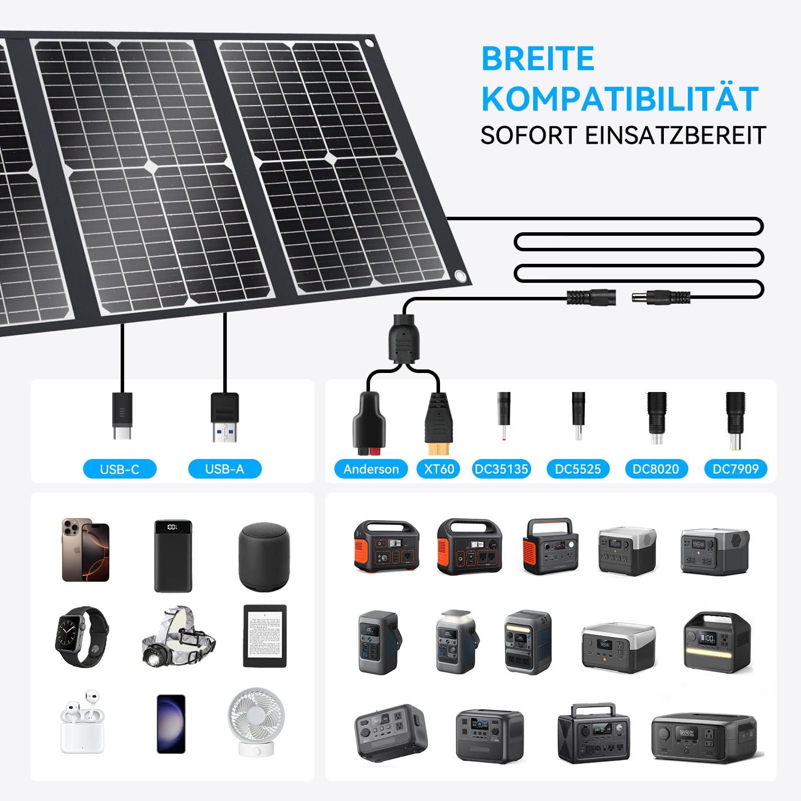 Ecosonique 100W Faltbares Solarpanel, 23,5% Wirkungsgrad, Monokristallin Solarmodul mit USB-C PD3.0 USB-A QC3.0 20V DC Ausgang