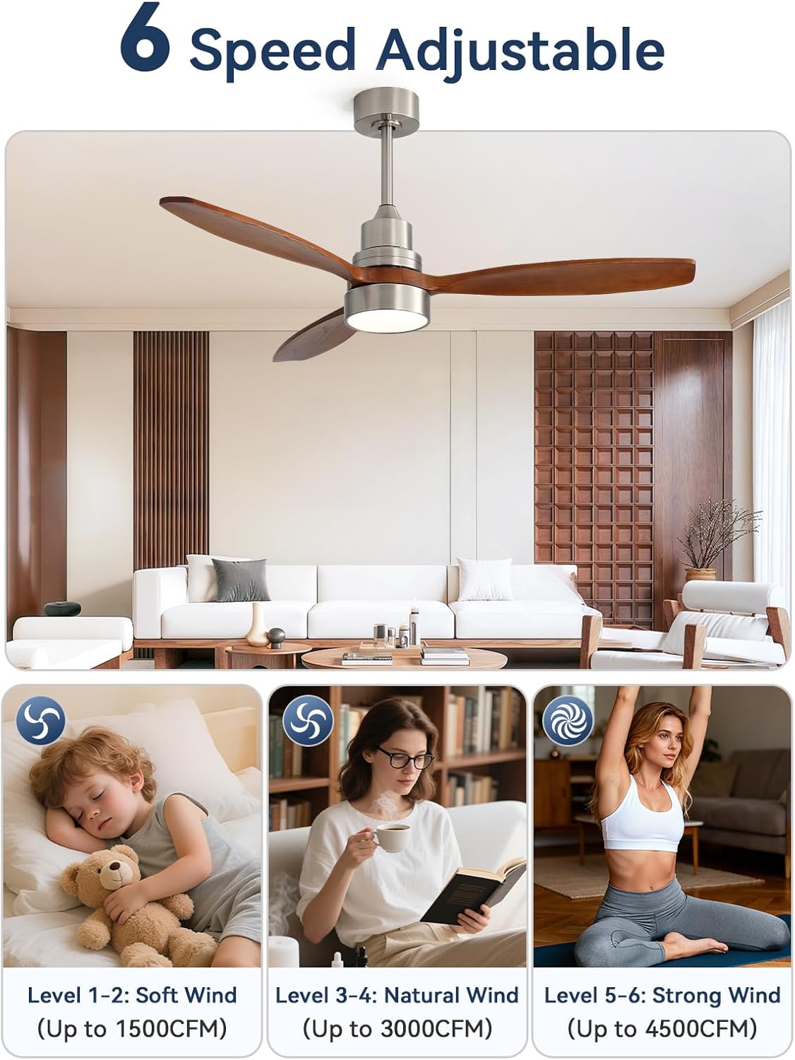 Sofucor 52 Inch Solid Wood Smart Ceiling Fans with Lights and Remote, Works with App/Alexa/Google, 6-Speed Outdoor Ceiling Fan with Light, 3 Blade Ceiling Fan, Quiet DC Motor for Living Room Patio