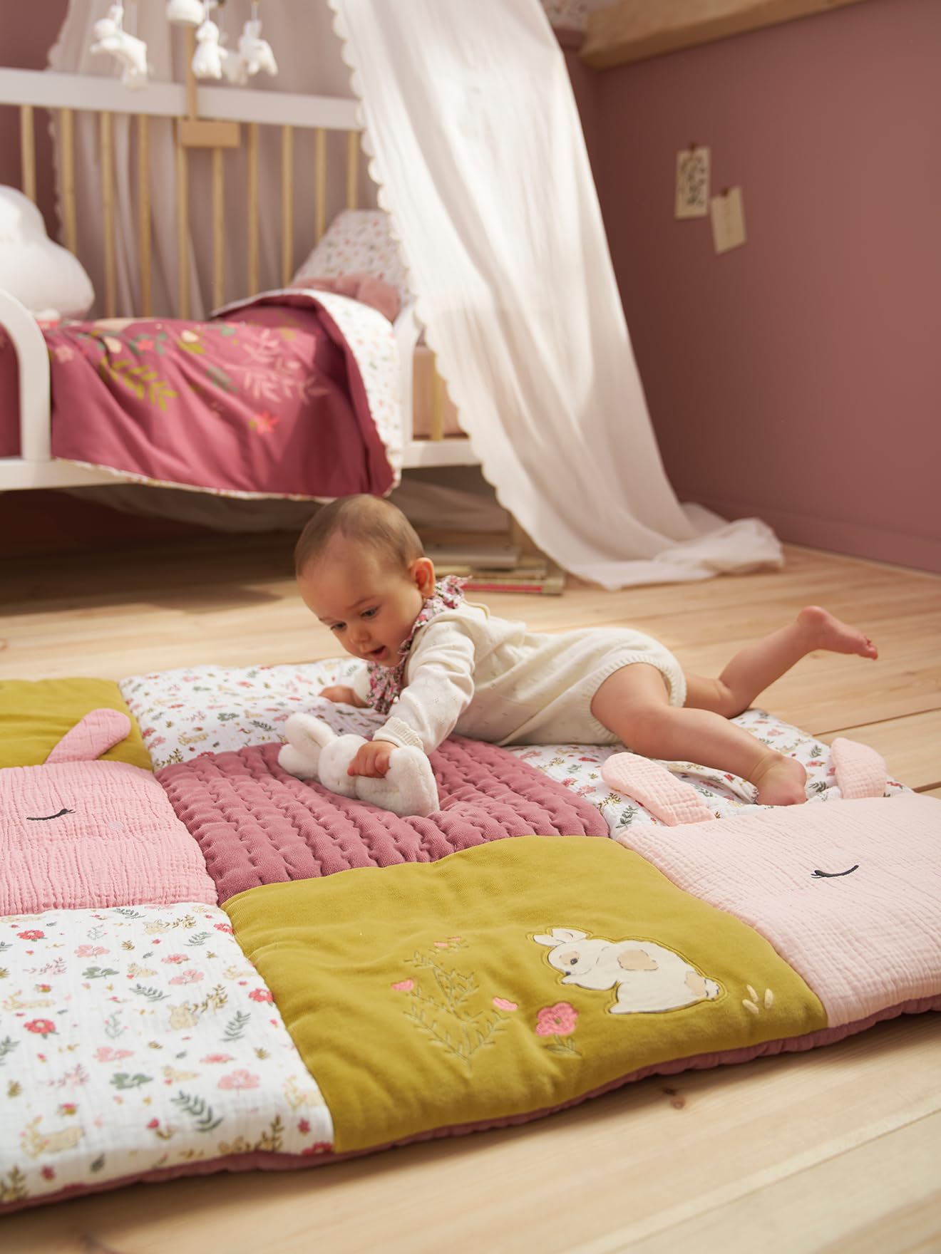 VERTBAUDET Tapis De Sol/Fond De Parc Patchwork Lapin Bébé Vieux Rose 75X100
