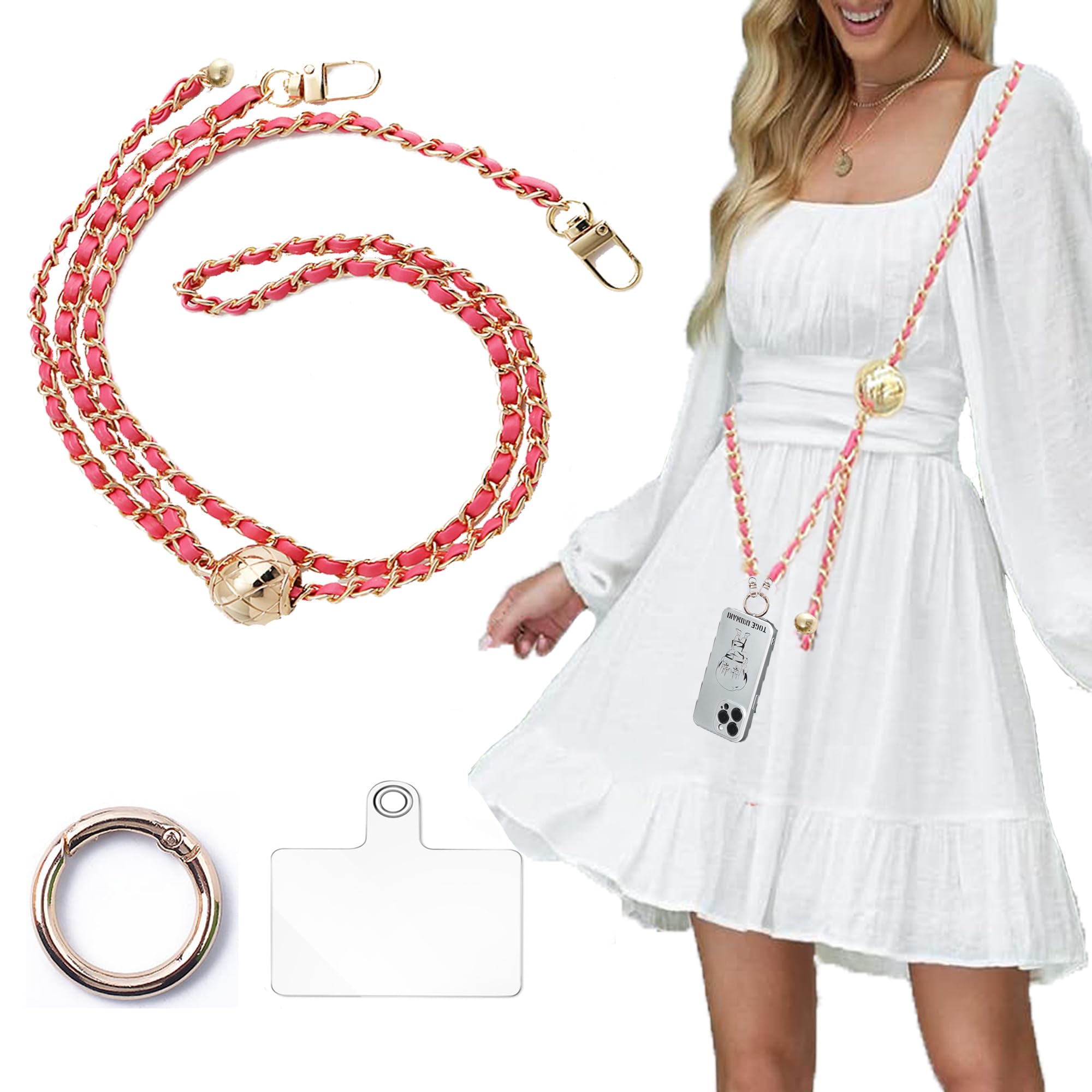 Fashowlife Crossbody Phone Lanyard Leather Metal Bag Chain Shoulder Strap Replacement Belt, Pink