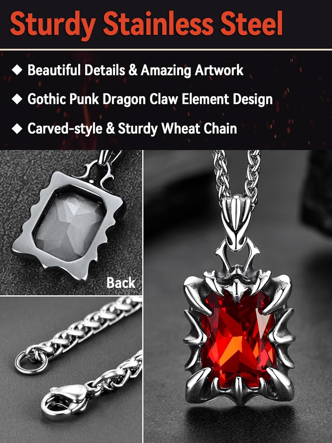 FaithHeart Gothic Dragon Claw Necklace for Men, Punk Biker Stainless Steel Amulet Pendant with Black/Red/Green/Blue Gemstone, Gift Box - Image 6