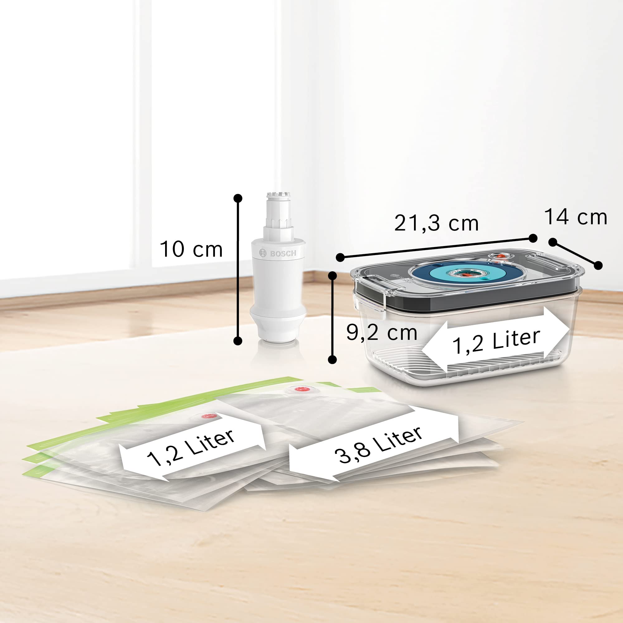 Bosch MSZV1FS1 - Juego de recipientes herméticos al vacío (3 envases de 1,2 L y 3,8 L, sin BPA, reutilizables, aptos para batidora manual ErgoMixx)