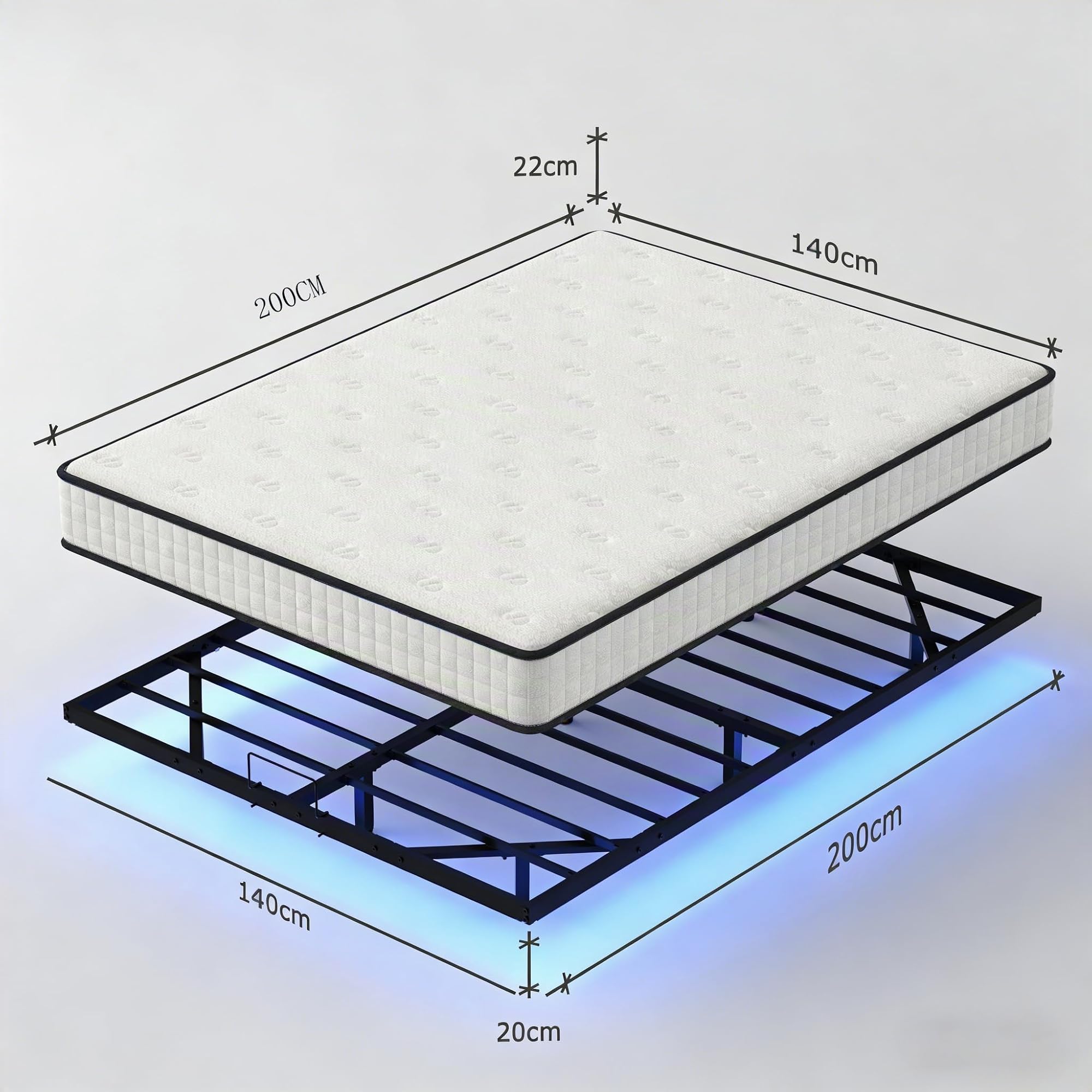 DEWINNER 140 x 200 Matelas à mémoire de Forme et Cadre de Lit LED avec Sommier,22 cm Épaisseur,Parfait Soutien Haute Resilience Ultra Respirante,Matelas réversible à Deux Faces entièrement utilisables