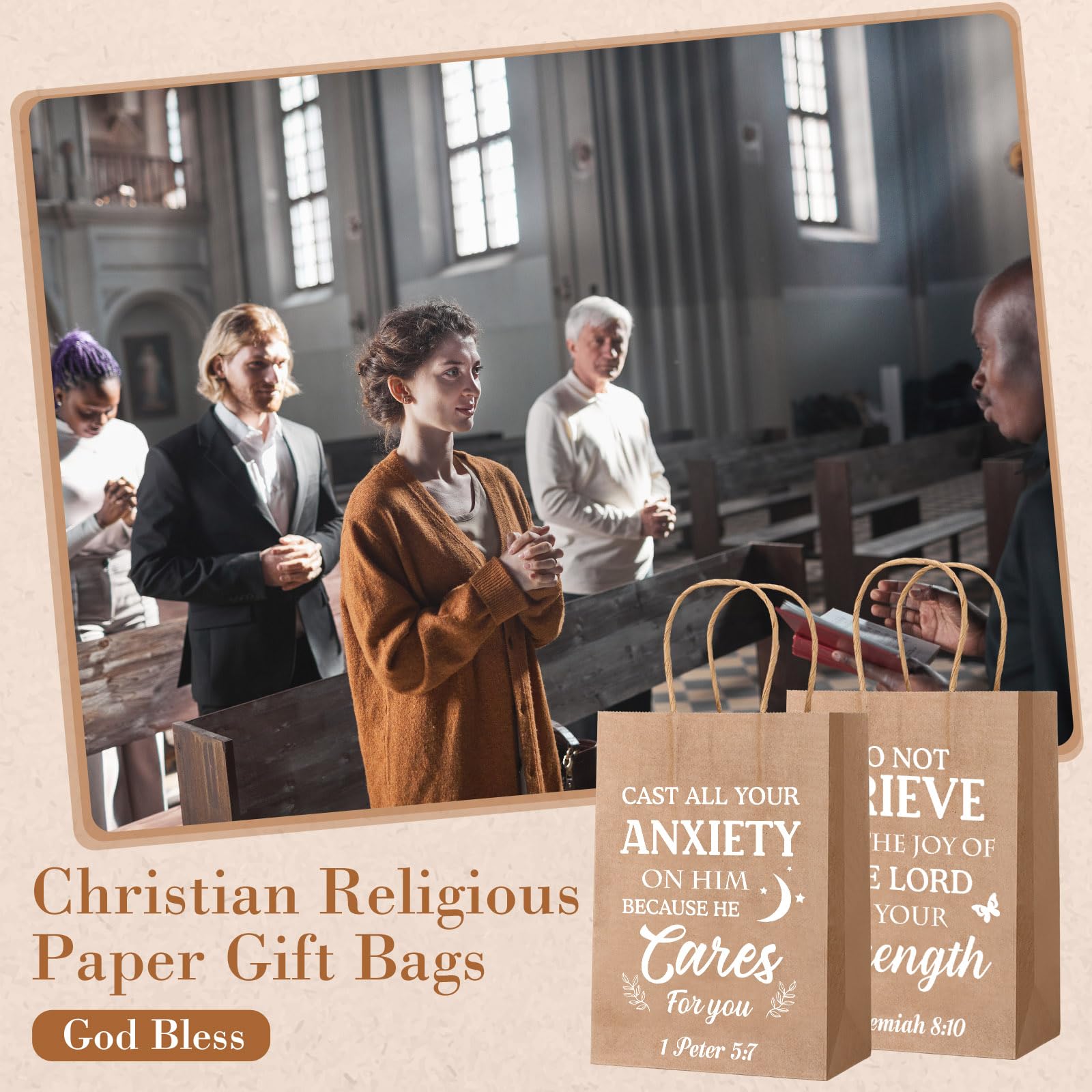 Chiisong 100 Pcs Christian Gift Bags, Fathers Day Religious Bible Verse Treat Bags with Handles Inspirational Church Scripture Bag for Women Wedding Baptism Birthday Party Favor(Kraft with White)