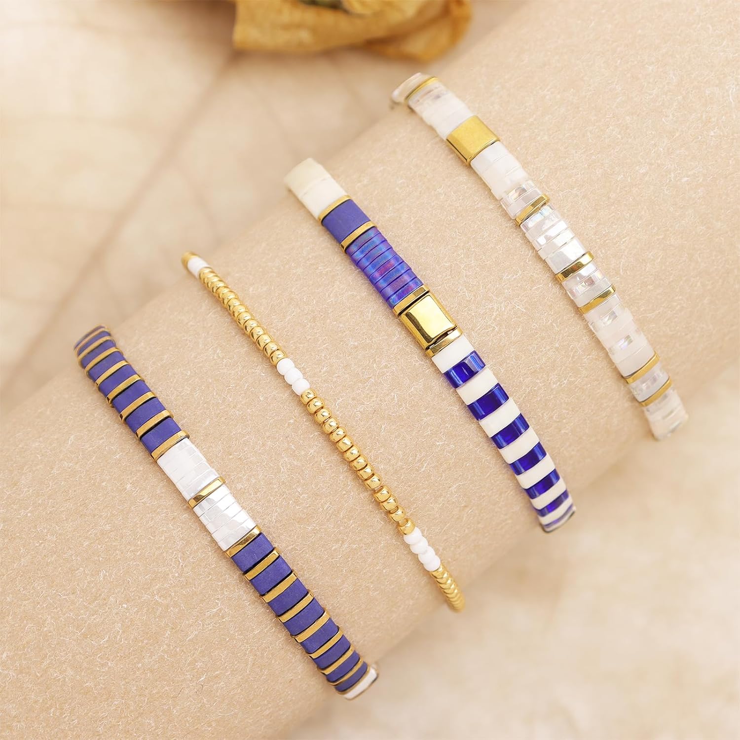 Tila Flat Gold Beaded Bracelets Stretch Set for Women,Handmade Miyuki Glass Square Beads Stack Bracelet Festive Friendship Accessories Jewelry Gift. - Image 7