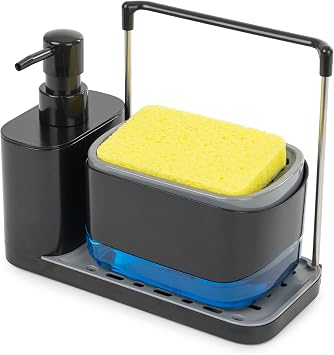 Fineway 3-in-1 Automatic Refillable Soap Dispenser Set with Sponge Holder, Black Sink Caddy Organiser for Kitchen & Bathroom Black