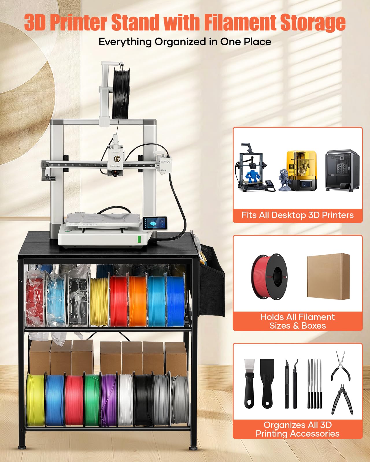 AHOWPD Soporte para impresora 3D con almacenamiento de filamentos, mesa de impresora 3D, estante de almacenamiento de filamentos, escritorio de carrito 3D resistente con ruedas para taller, estudio