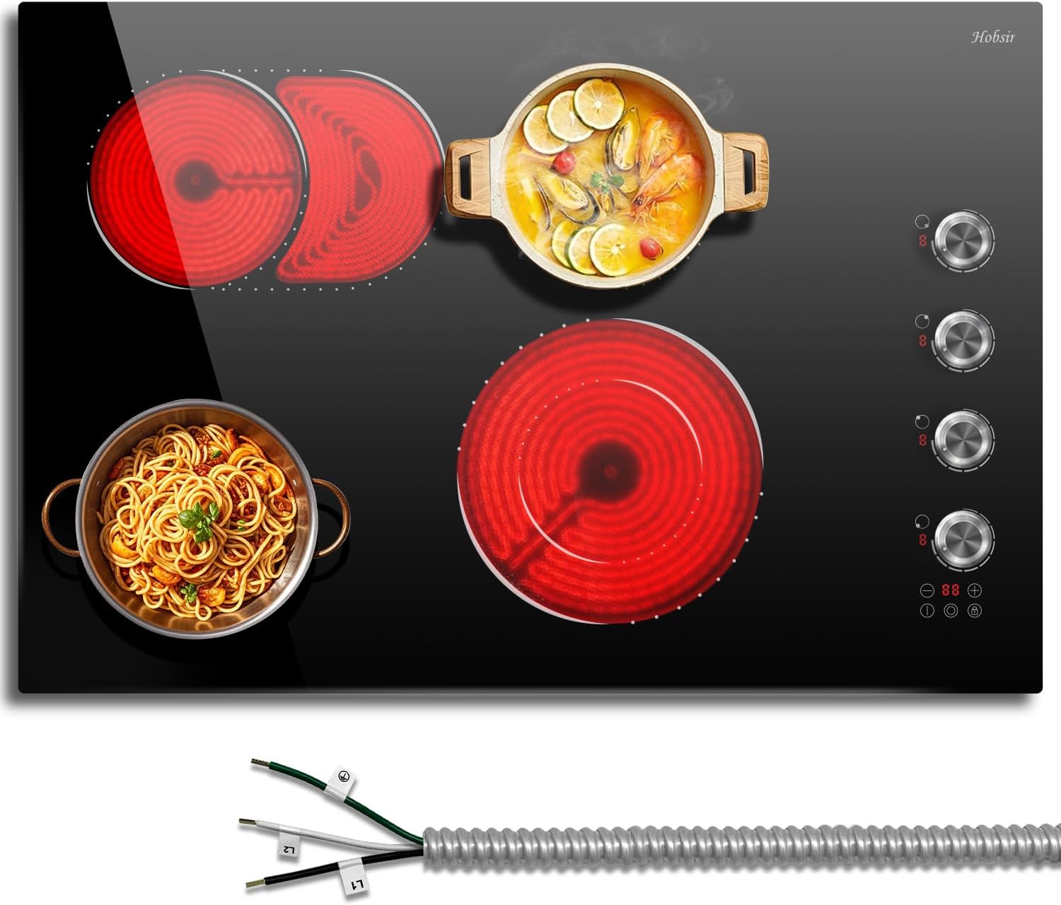 Hobsir 30 Inch Electric Cooktop, Knob Control Built-in Electric Stove with 4 Burners, 30 in Ceramic Stove Top Burner, Cooktop with Glass Protection Metal Frame, 220-240v 6700W, Hard Wired(No Plug) Hobsir 30 Inch Electric Cooktop, Knob Control Built-in Electric Stove with 4 Burners, 30 in Ceramic Stove Top Burner, Cooktop with Glass Protection Metal Frame, 220-240v 6700W, Hard Wired(No Plug)