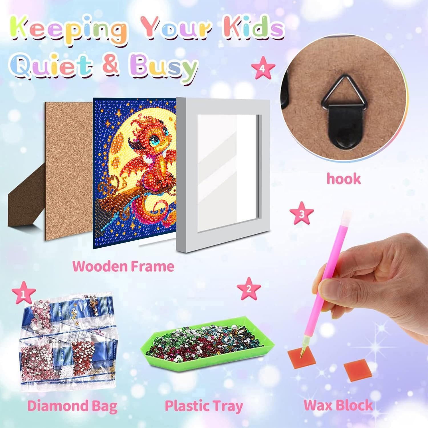 igoodom Dragon Diamond Art Kits for Kids with Frame, Dragon Small Diamond Painting Kit, DIY Big Gem Art and Crafts for Kids Ages 4-8-12 for Decor Gift 6x6 Inch