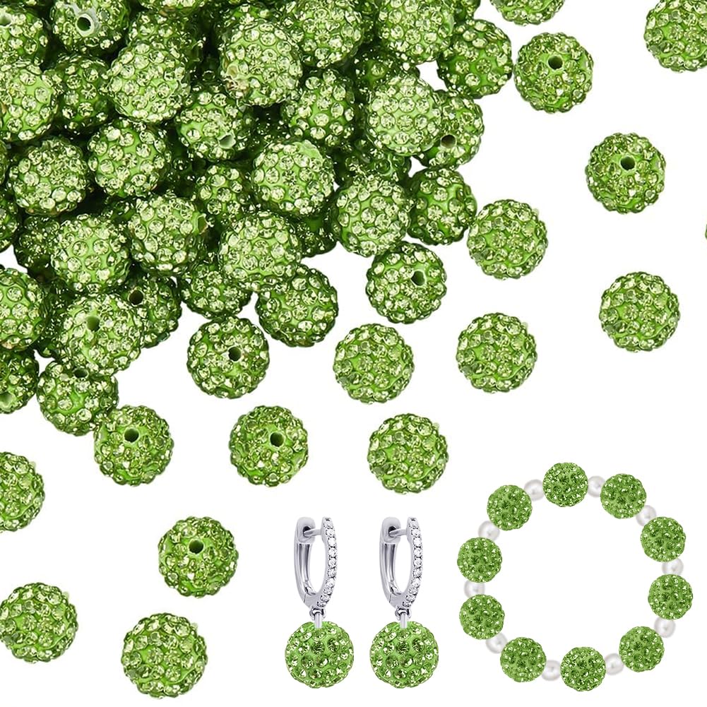 PH PandaHall 100pcs 10mm Green Rhinestone Beads Green Polymer Clay Beads Crystal Beads Pave Disco Ball Clay Beads Round Diamond Clay Beads for Necklace Bracelet Jewelry Making DIY Crafts