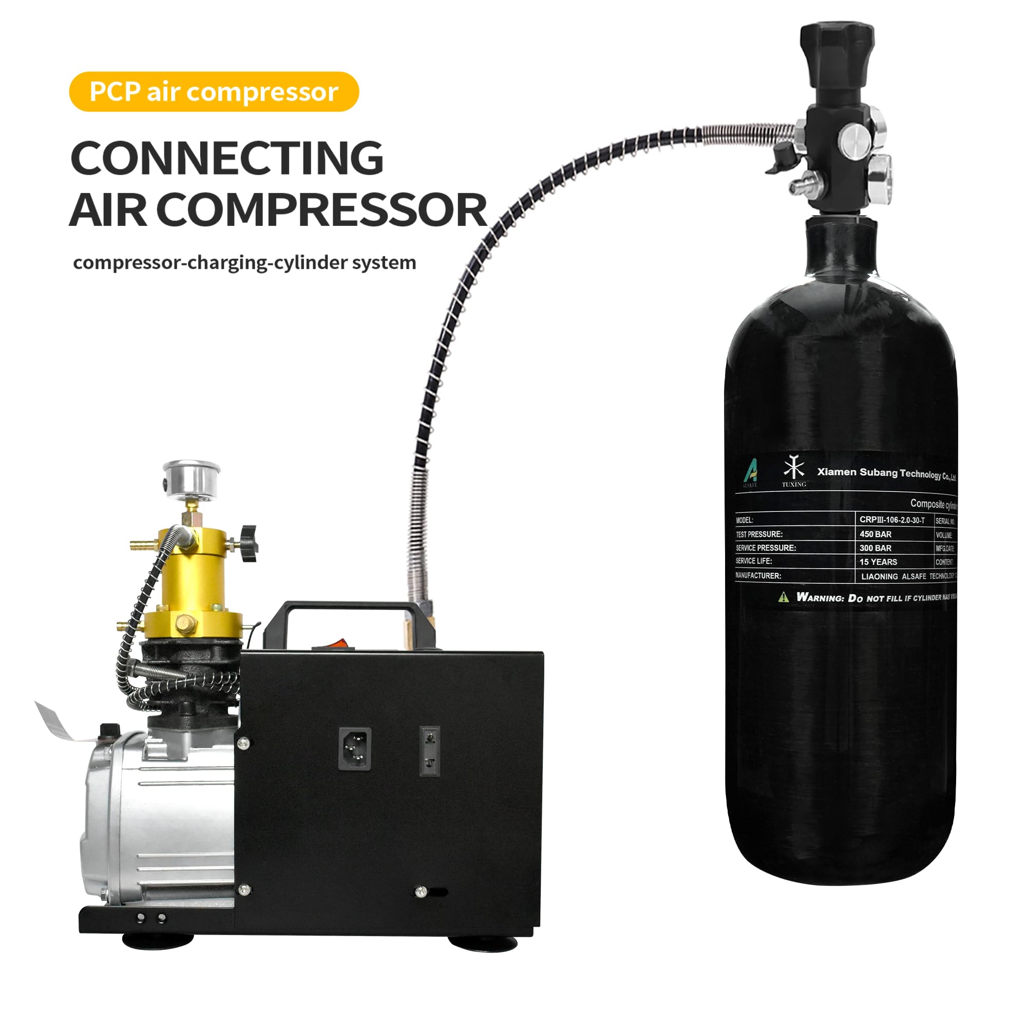 TUXING Carbon Fiber HPA Tank 2L 4500Psi High Pressure PCP Air Tank,122Cu in 2000CC Diving Tank,PCP Composite HPA Cylinder for Pcp Air Rifles Deep Diving Snorkeling