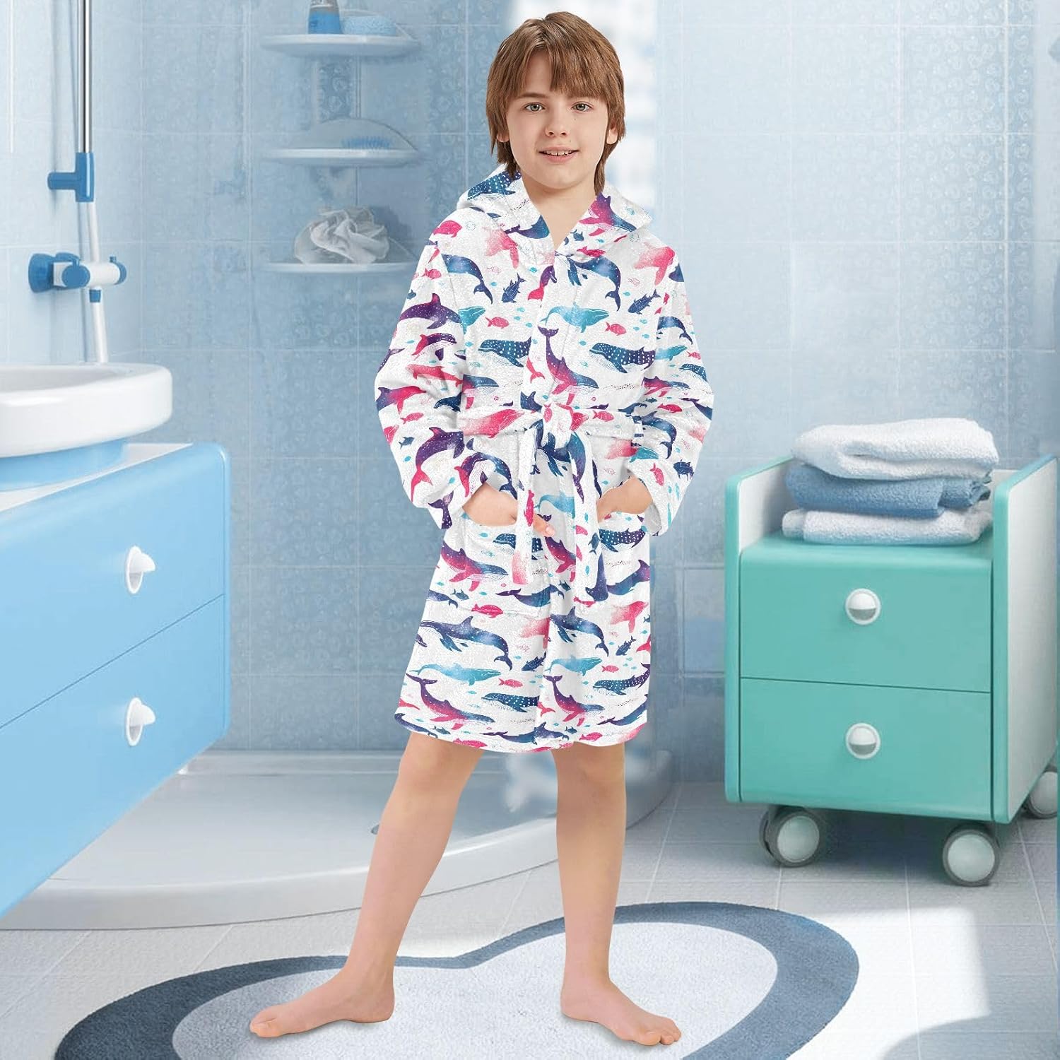 senya Marine Animals Magic Color Toddler Hooded Bathrobe Kids Soft Plush Bath Towel Robes for Boys Girls 2-12 Years