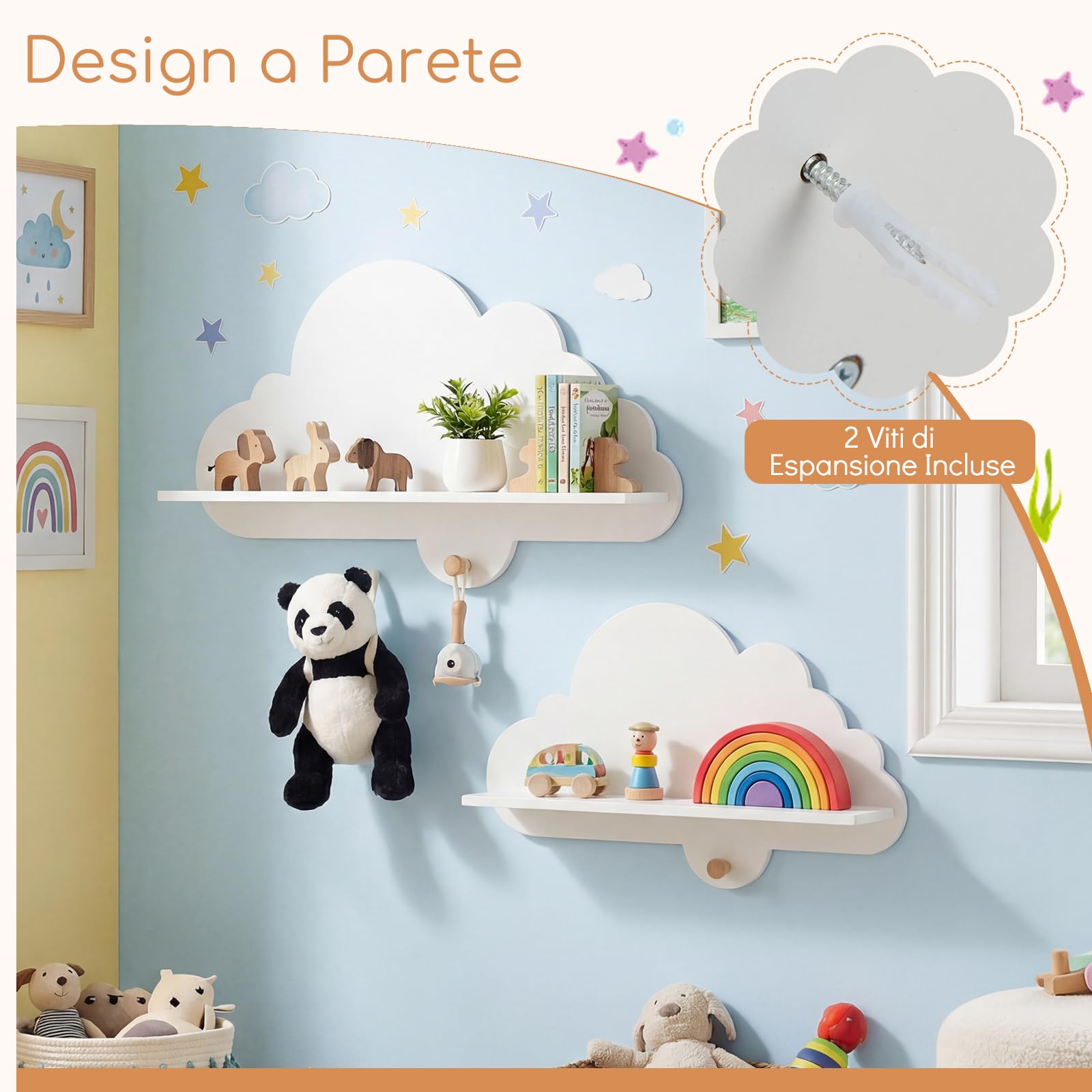 COSTWAY Set di 2 Mensole da Muro per Bambini, Libreria a Nuvole in Legno Massello con Ganci, Bianco