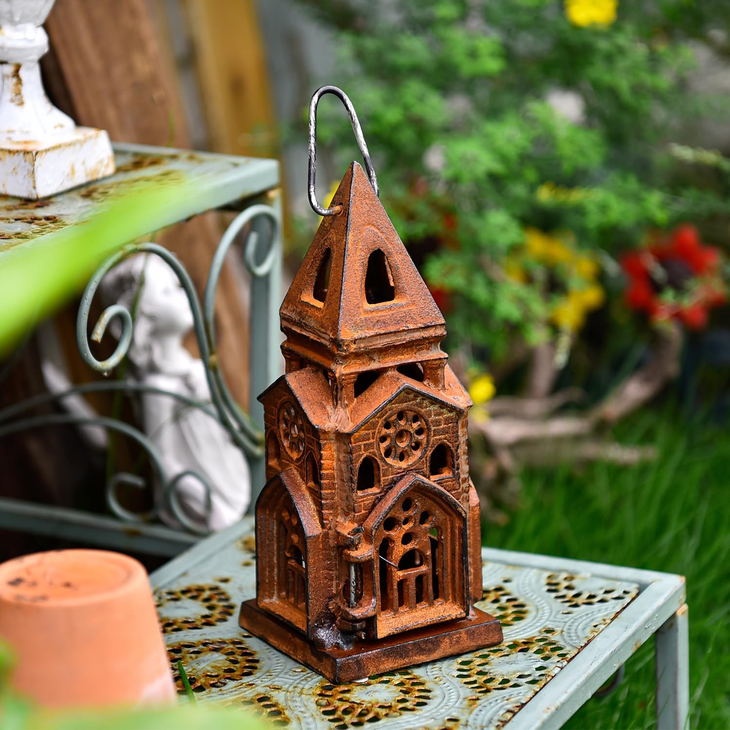 Sungmor Cast Iron Church Lantern Candle Holder, 10.2 Inches Tall & Rust