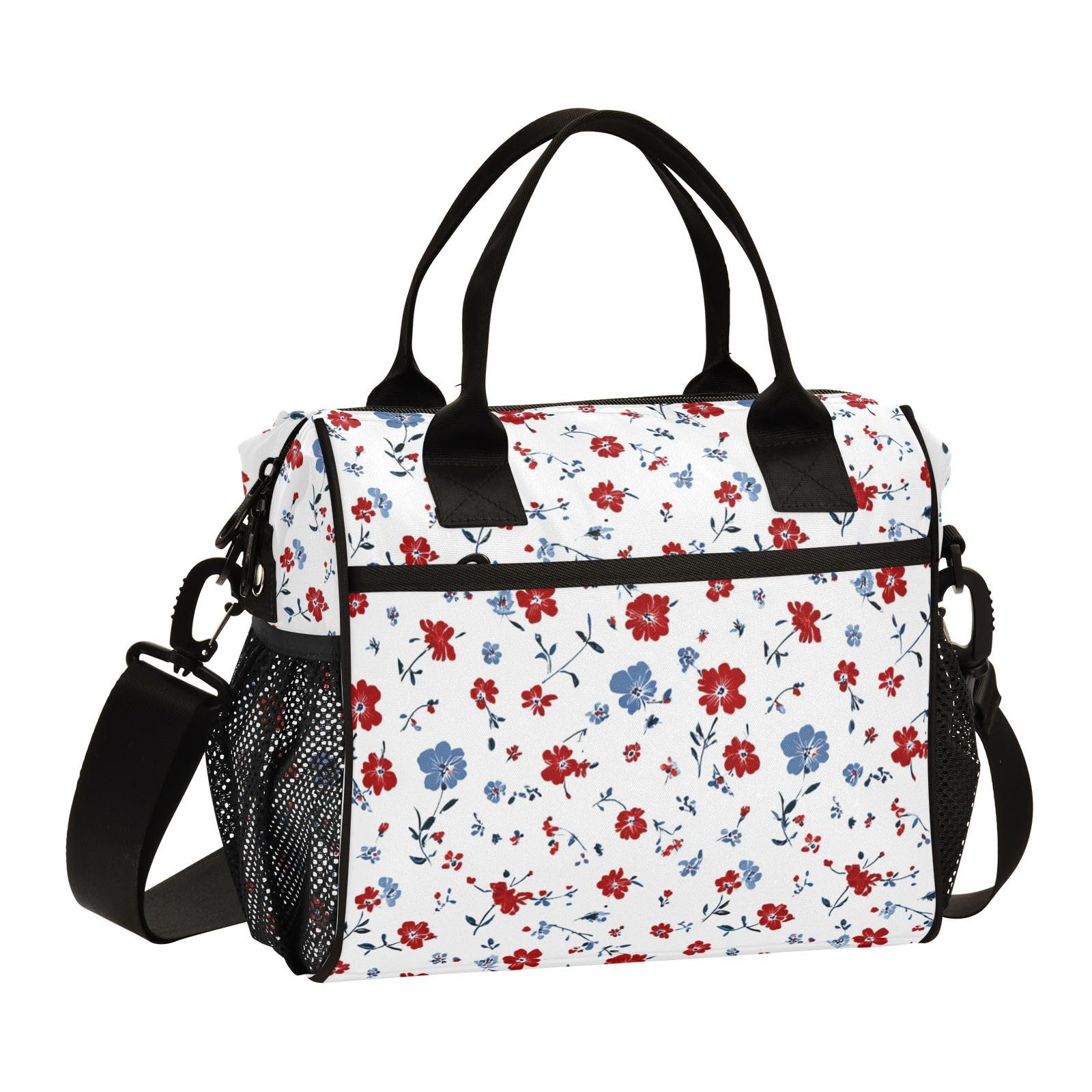 Aslsiy Lunch Bag for Girls Boys Cute Red Blue Flower Insulated Lunch Bags White Women Tote Bag for Office School M
