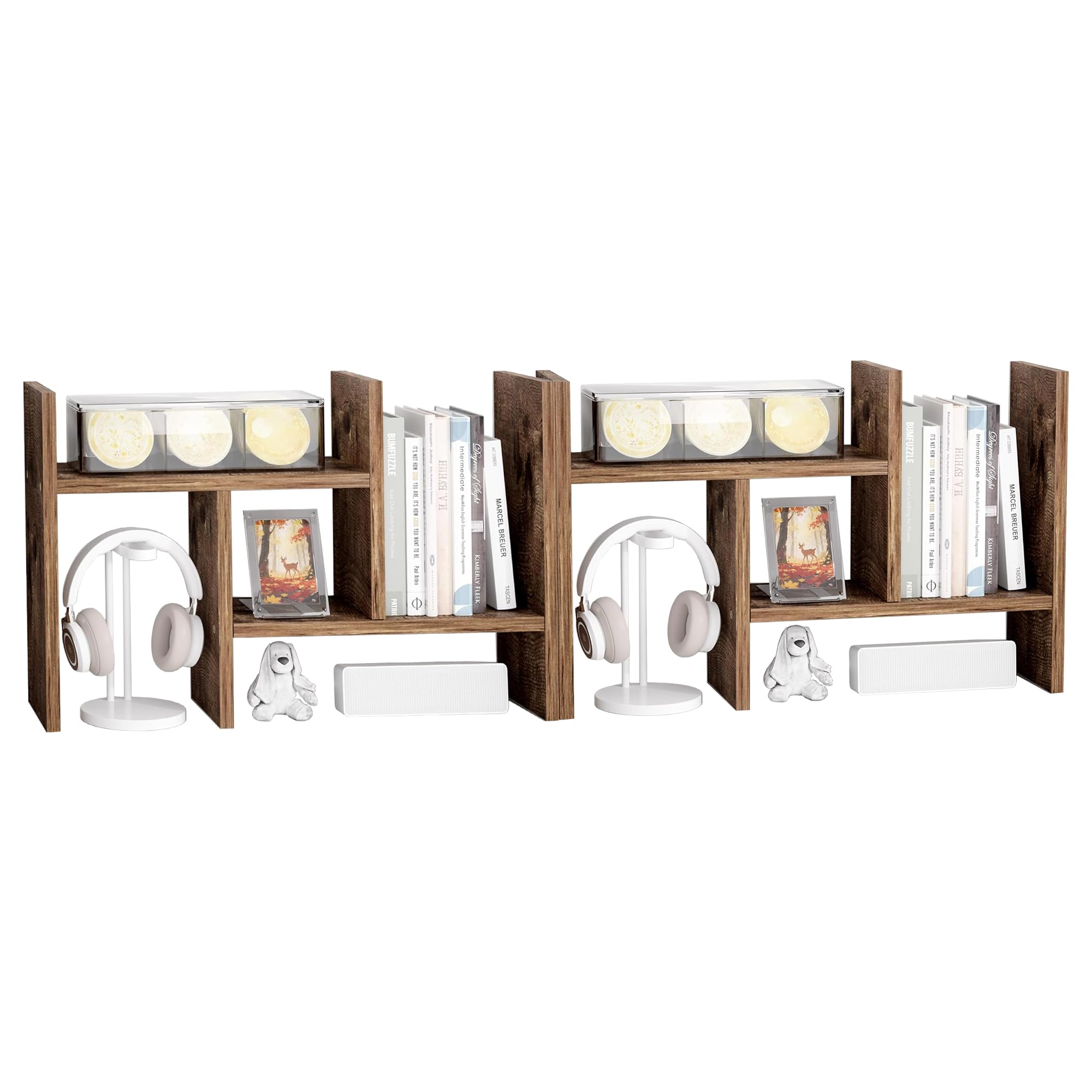 Jerry &amp; Maggie Desktop Organizer Office Storage Rack Adjustable Wood Display Shelf Free Style Double H, Multi-Functional Mini Bookshelf for Desk Natural Stand (Natural Wood Tone/2 Pack)