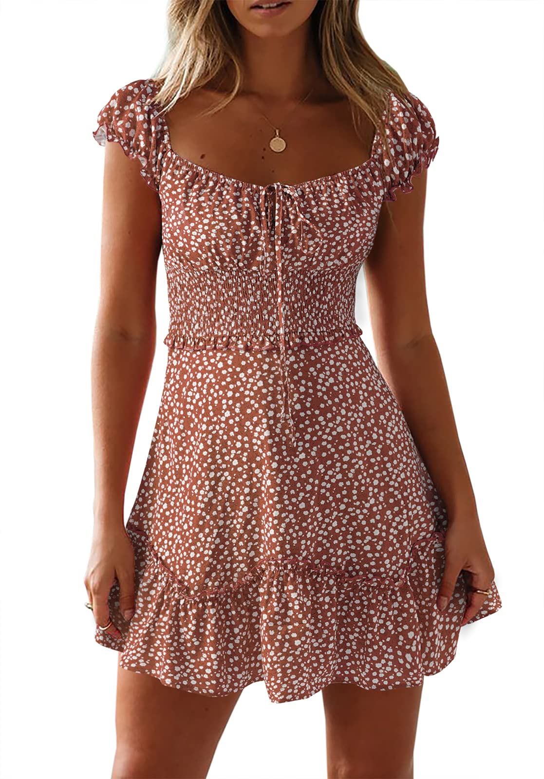 Womens Summer Floral Sundress Ruffle Sleeve Sweetheart Short Mini Dresses | Sun Dress, Sexy, Flowy, Print, Smocked Waist, Western Boho, Beach, Date Night, Country Concert