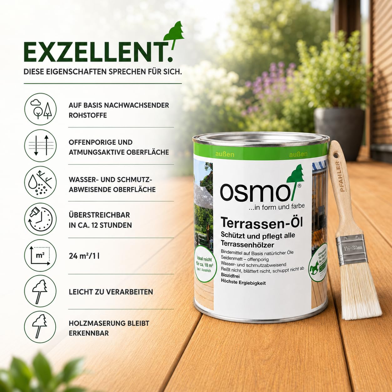 Osmo Terrassen-Öl Lärchen 009 Naturgetönt 2,5 l + Flächenstreicher Pinsel von Pfahler Gratis