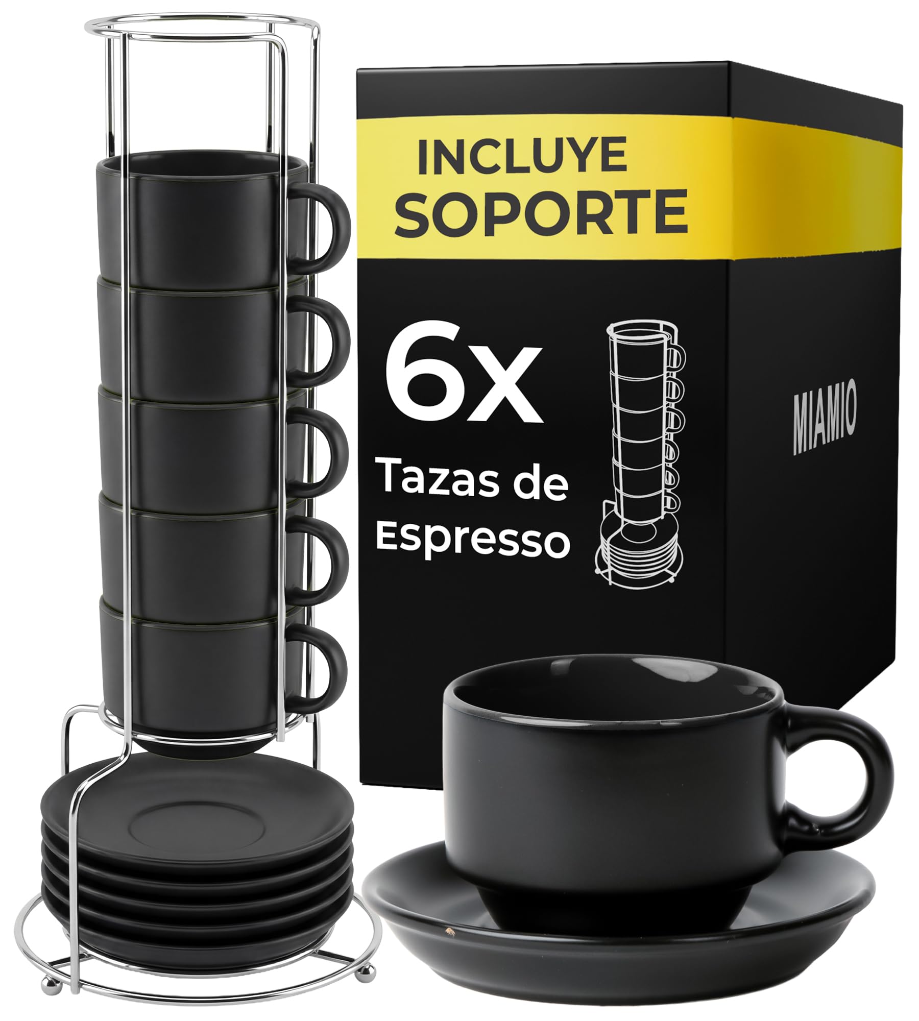 MIAMIO 6 x 75 ml Tazas Cafe Espresso De Cerámica de Gres - Juego De Tazas De Café con Plato - Le Papillon Colección (Negro)