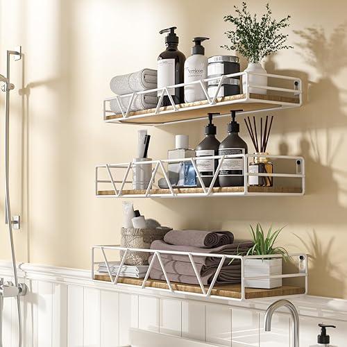 Miniatura 5 de Juego de 3 estantes flotantes, estante de pared de madera para el hogar, estante de granja para dormitorio, estante flotante montado en la pared