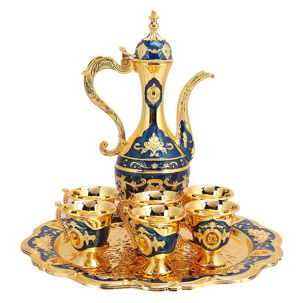 Vintage Turkish Coffee Pot with 6 Coffee Cups, Metal Turkish Tea Set Including Craft Tea Tray Teapot and Tea Cups for Wedding Gift(Dark Blue)