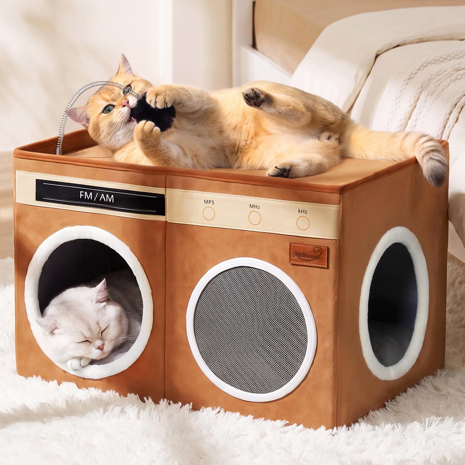 Retro Radio Cat House, Large Foldable Cat Bed Indoor Cat Cave | Spacious Multi-Cat Sleeping Hideaway Pet Nest, Non-Sticky Fur Fabric, Scratch Pad & Bendable Antenna Ball 13×19.7×15.8 Inches