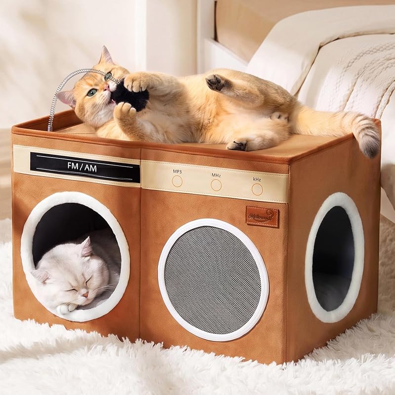Casa para Gatos em Formato de Rádio Retrô com Arranhador e Cama Dobrável Mellownido