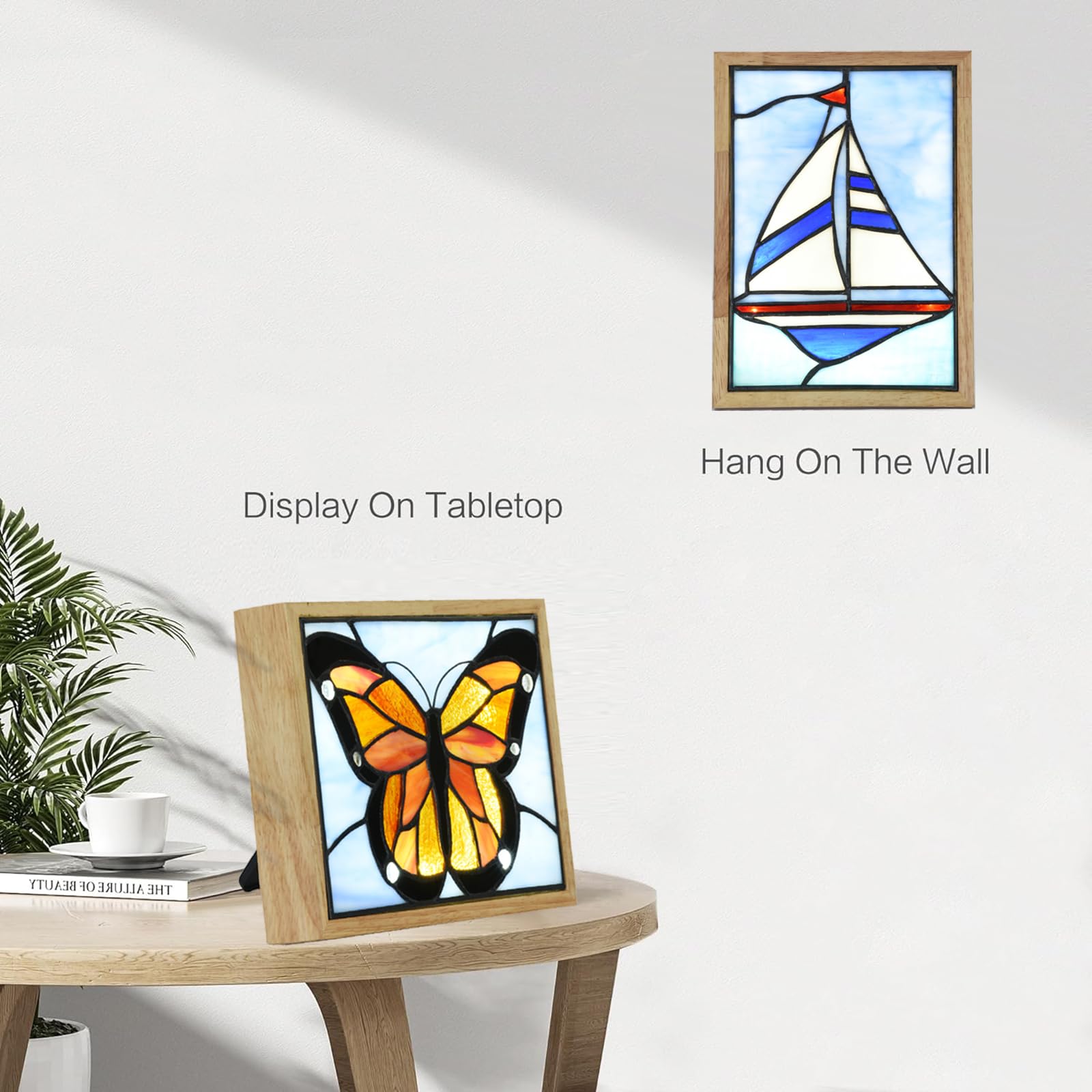 HomeBeauty Veilleuse LED en verre teinté de style Tiffany avec 3 modes d'éclairage et gradation de la luminosité, décoration murale artistique pour la maison et le bureau (voilier)