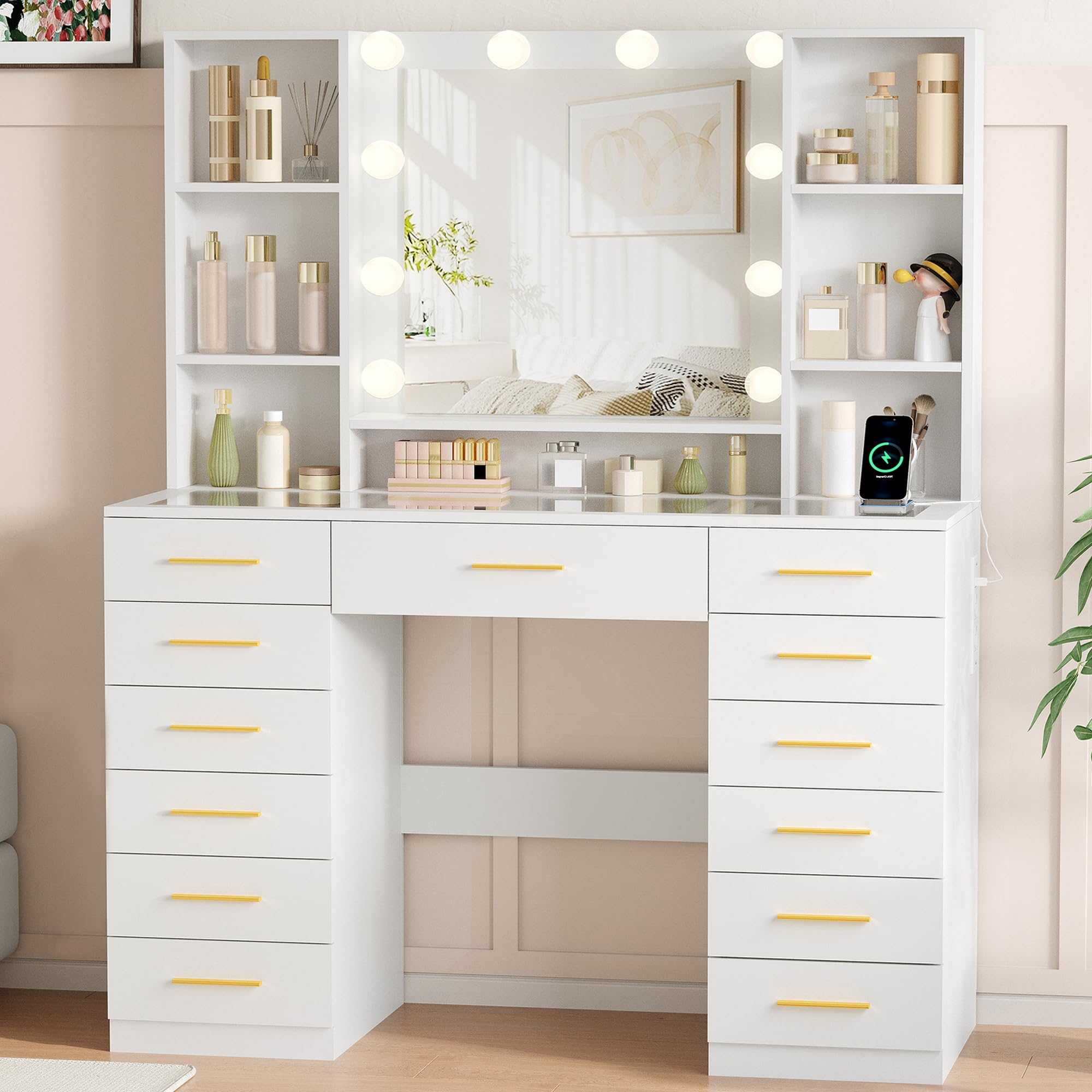 BEWISHOME Toeletta con Specchio LED, Toeletta Trucco con Luci Regolabili e Prese, Toletta con Piano in Vetro, Moderna Tavolo da Trucco con 13 Cassetti, 6 Ripiani Aperti, Bianco 105x40x140, EFST61W