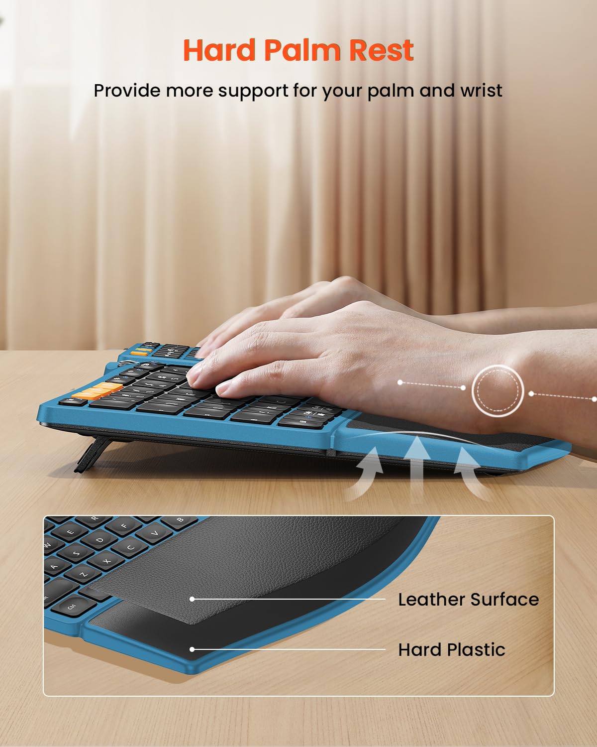 ProtoArc ProtoArc Bluetooth Ergonomic Keyboard, Wireless Split Keyboard with Separate Number Pad, Dual Bluetooth and USB, Hard Wrist Rest, Rechargeable for Windows/Mac/Android - Blue in use
