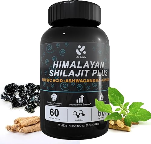 Lite Supply Shilajit Suplemento del Himalaya 60% ácido fúlvico, 120 cápsulas veganas suministro con shilajit natural puro, Ashwagandha, extracto de
