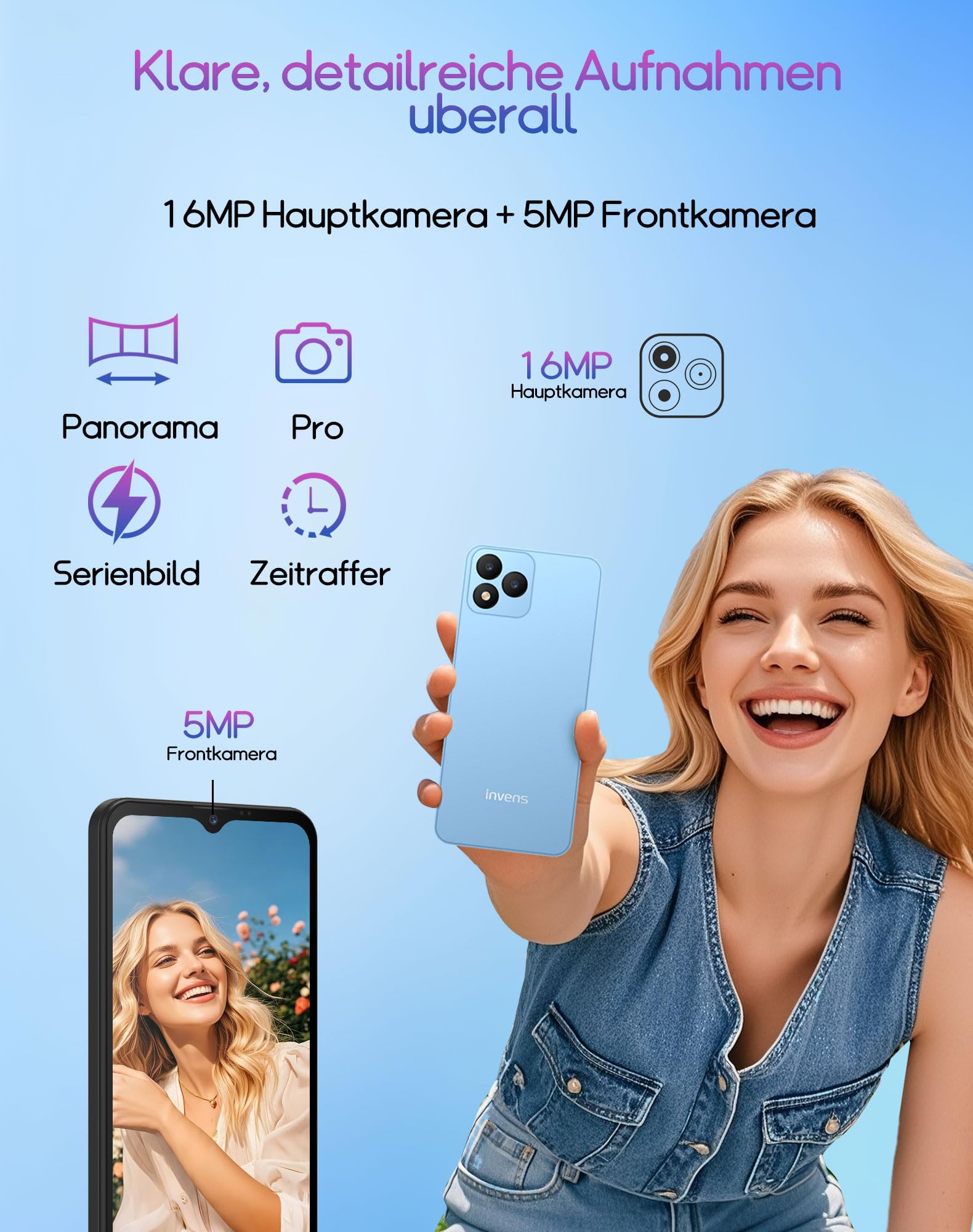 invens Note TK01 Android 4G Smartphone, 6,52" HD+ Display, 4250mAh Akku, 16MP+5MP Kamera, 7(3+4)+32GB/256GB, Octa-Core Face ID, Dual SIM/OTG/GPS/3,5mm Handy ohne Vertrag Günstig, Schwarz