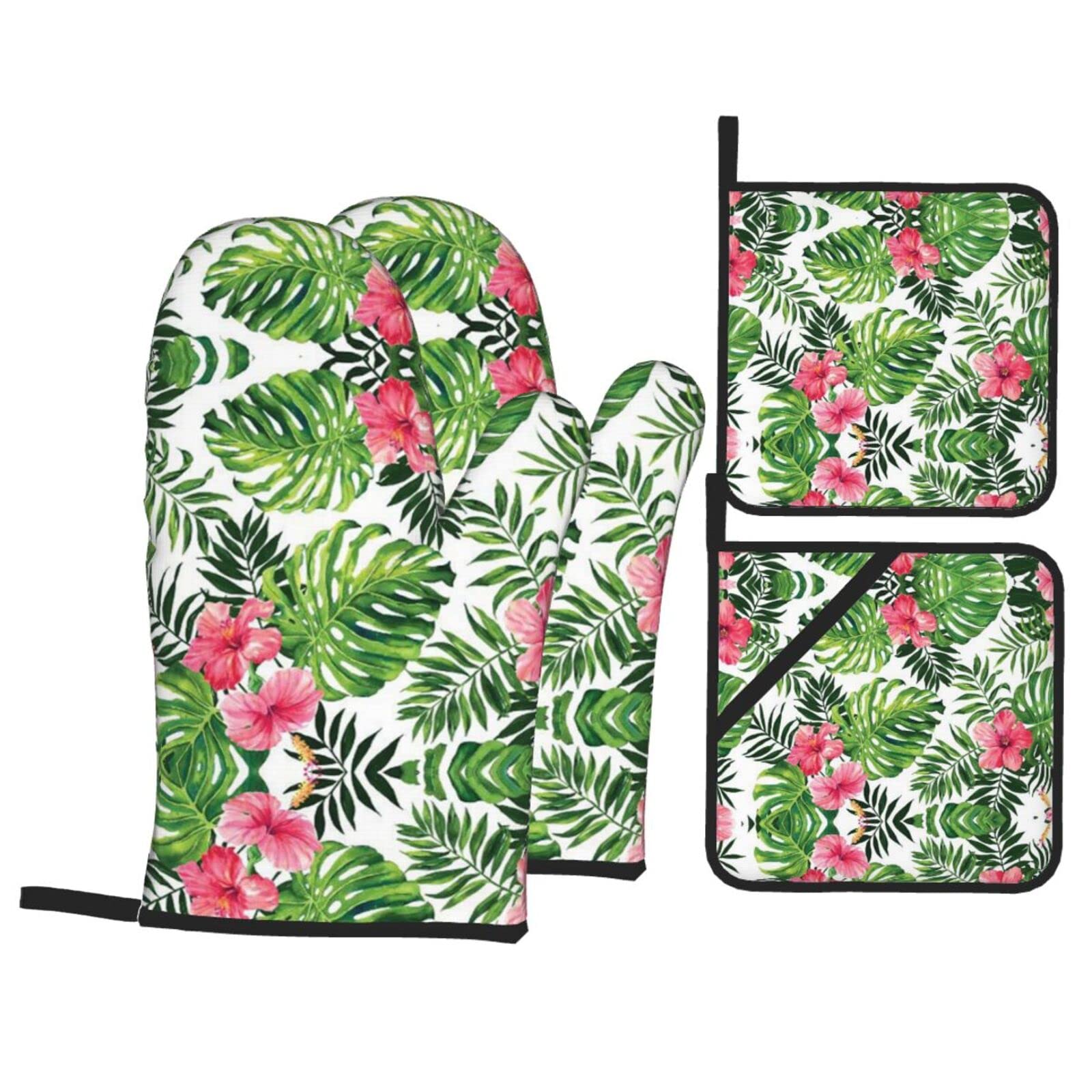 Tropical Leaves Oven Mitt and Pot Holder 4-Piece Set for Kitchen, Outdoor Grill, Baking