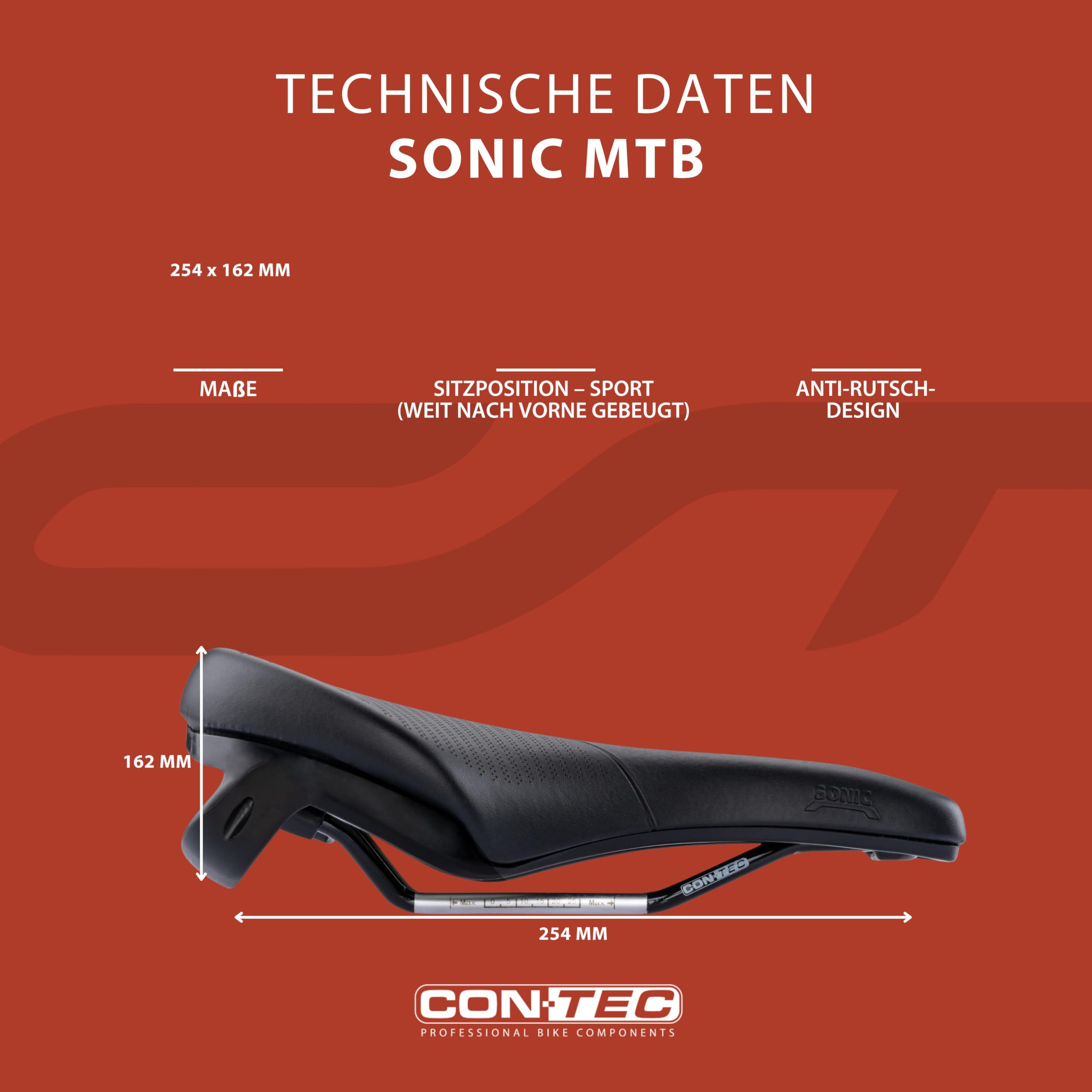 CONTEC Fahrradsattel Sonic MTB, 254x162 mm, aus Nylonfaser und PVC, Stoßdämpfend, Mountainbike Sattel, Skala und Tragegriff, Ergonomischer Fahrrad Sattel für Herren & Damen, schwarz Sport & Freizeit
