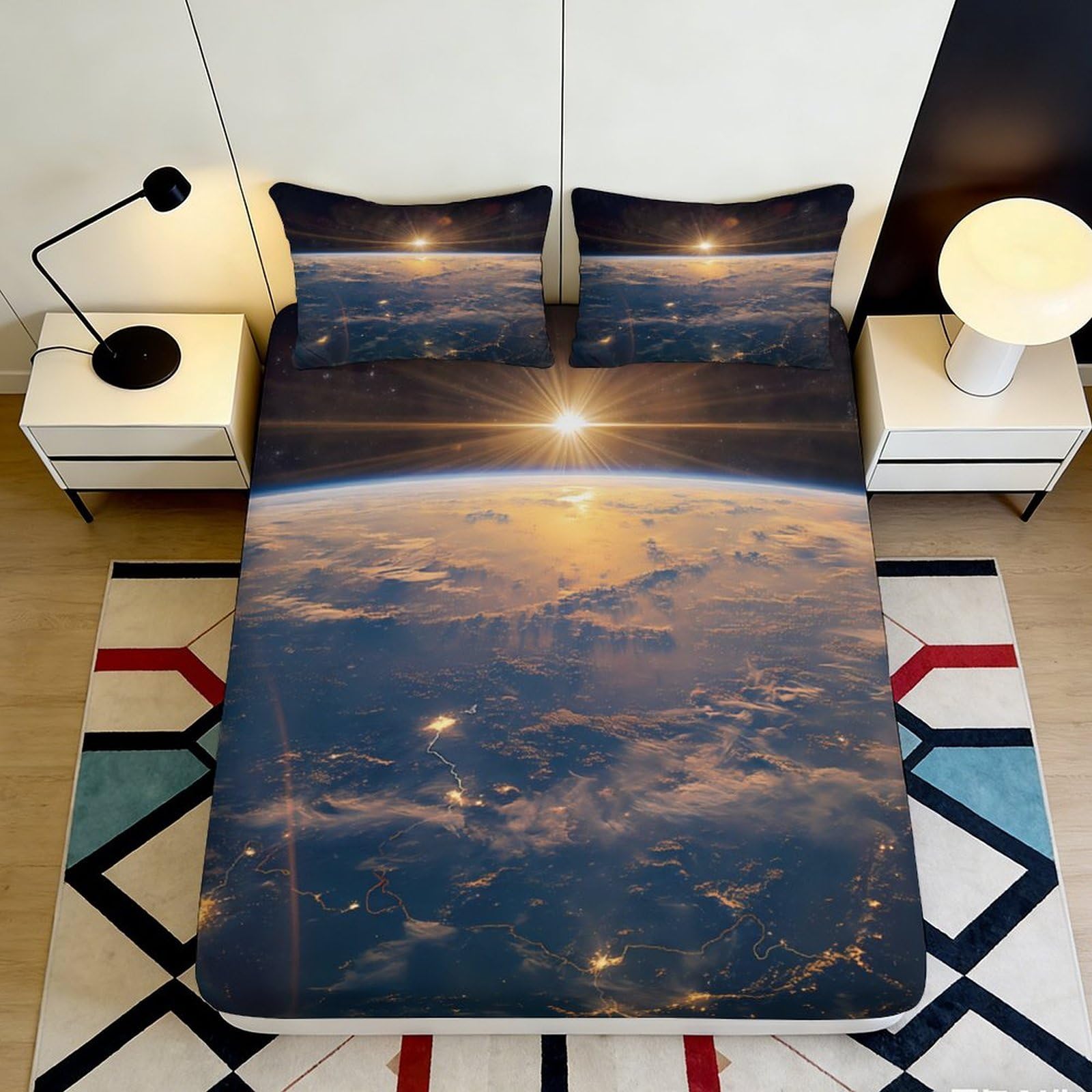 3D Printed Sunrise Earth View Fitted Sheet Microfiber Soft Slip-Resistant Space Horizon Mattress Cover Bedroom Decor 160x200x25cm