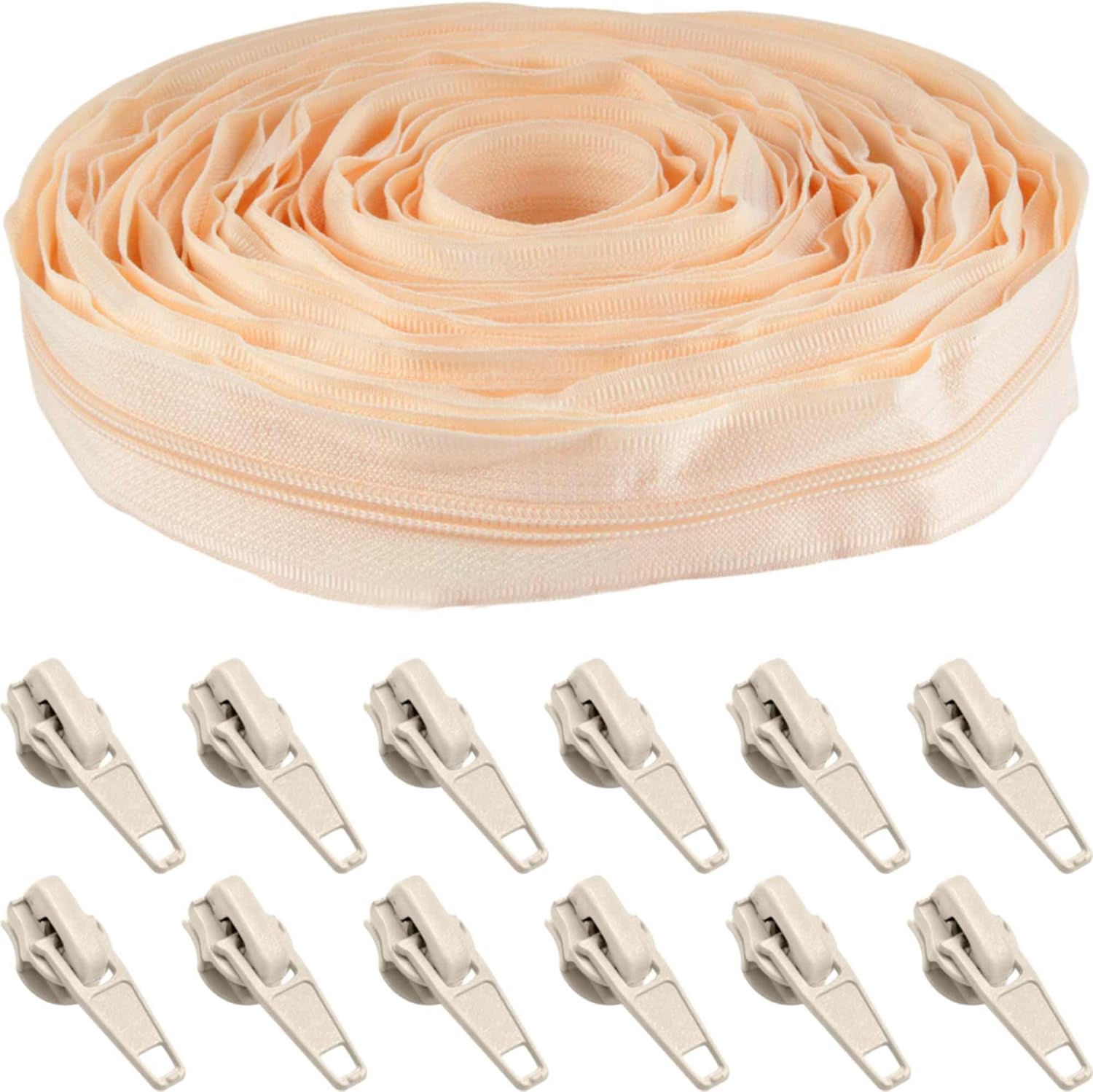 30 Yards #5 Nylon Coil Zipper Tape with 30 Metal Slider Pulls - Beige