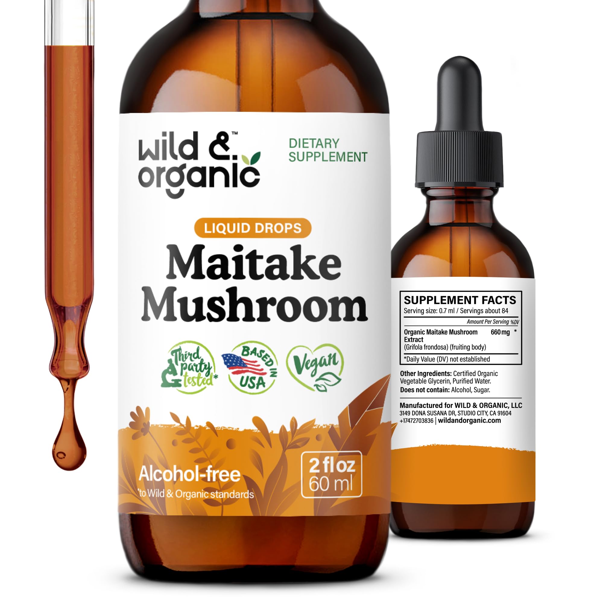 Wild & Organic Maitake Mushroom Drops - Liquid Mushroom Supplement for Immune Support - Maitake Extract Tincture - Vegan, Sugar & Alcohol-Free - 2 fl oz