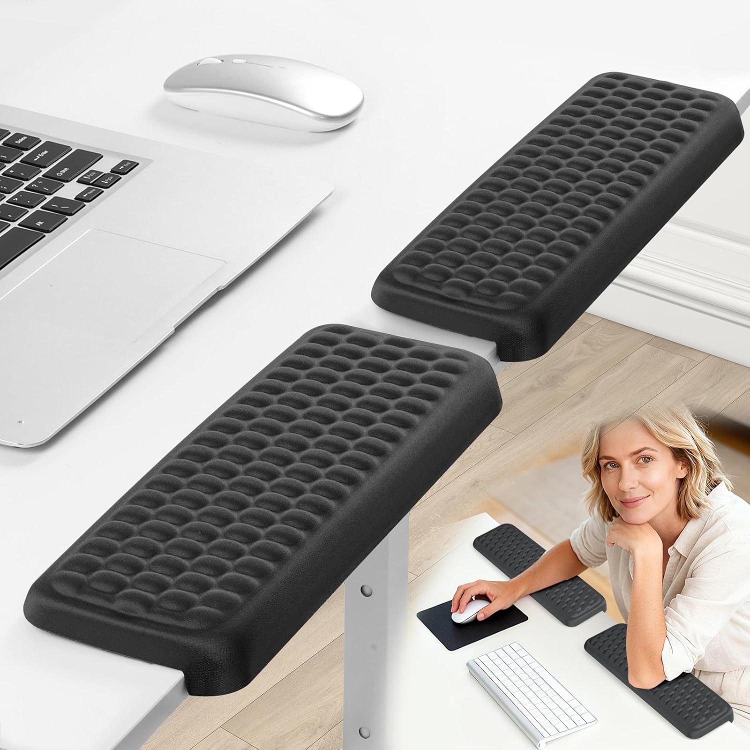 L-Shaped Arm Rest for Desk(2-Piece) Made of Memory Foam,Footrest for Under Desk at Work.Ideal for Office and Home Use.Reduces Typing Fatigue and Enhances Comfort During Work Or Gaming（ Black）