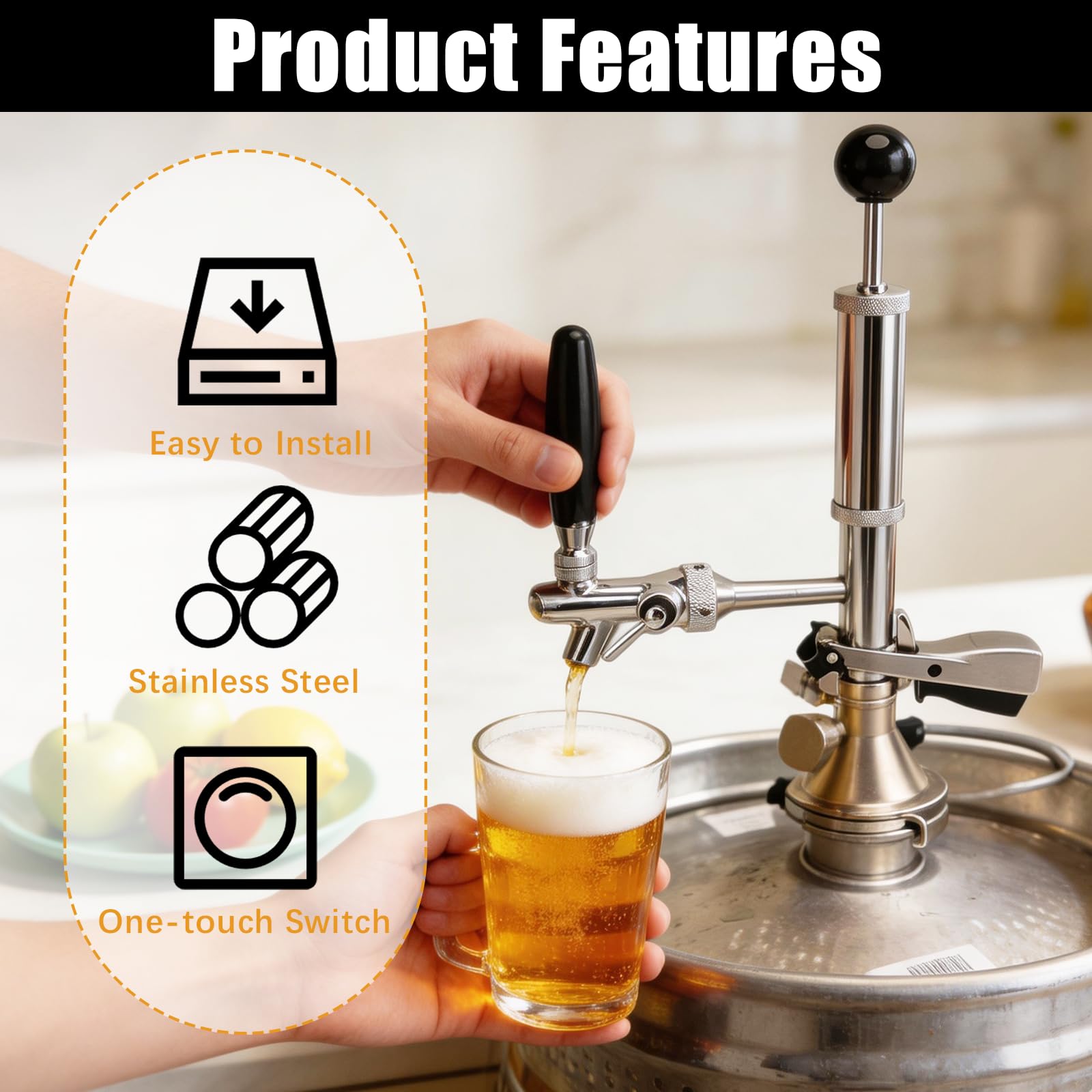 Pompa Per Fusti di Birra, Rubinetto per Fusti di Birra In Acciaio Inossidabile da 4 Pollici Kit Rubinetto per Secchio con Pompa D'aria e Distributore Rubinetto a Pistone per Collegamenti a Barili