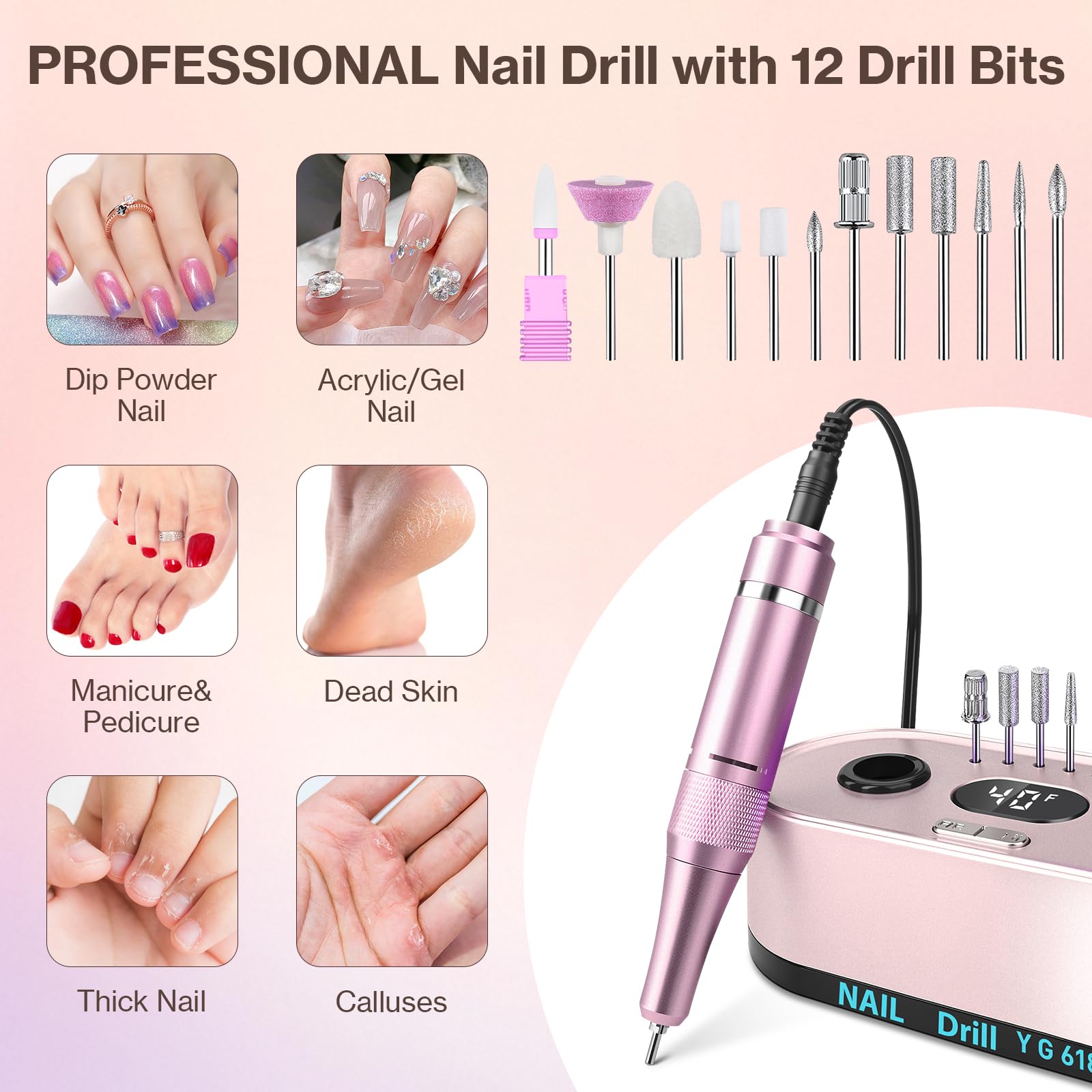 Ponceuse pour Ongles Professionnelle 40000 RPM 36 W, Urbuti 12 en 1 Ponceuse Ongles Portable avec Écran LCD & Support, Lime à Ongle Electrique Silencieux, Kit Manucure Pédicure pour Salon/Maison-Rose
