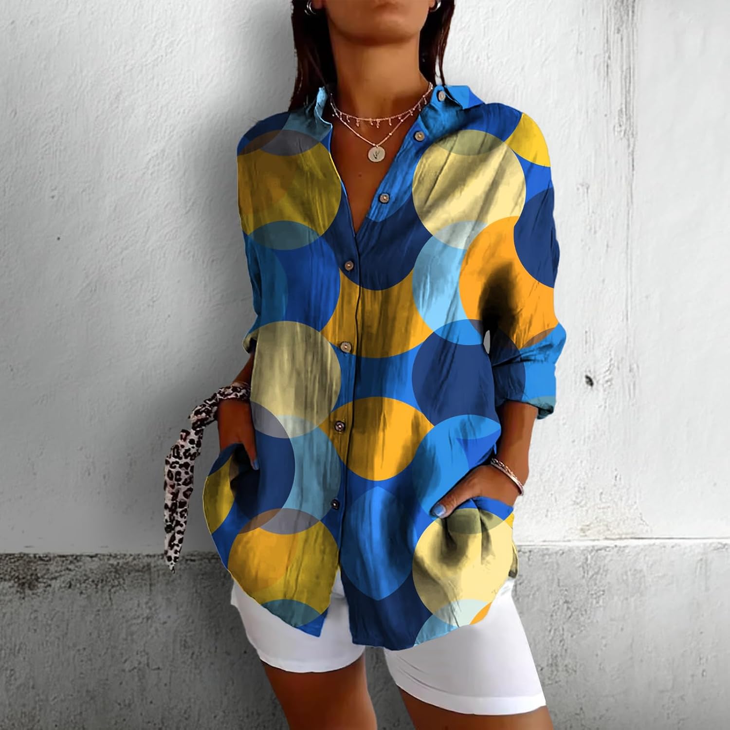 domirica Women's Boho Tops Button Down Business Casual Y2K Three-Quarter Sleeve V Neck Quick Dry Comfy Flowing Blouse
