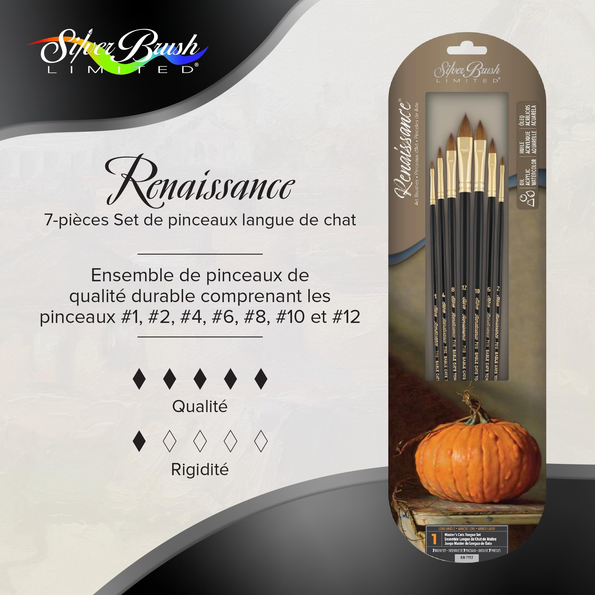 Silver Brush Limited - Assortiment de 7 pinceaux Langue de Chat Renaissance pour l’Aquarelle et la Peinture à l'huile - Manche Long - Tailles 1, 2, 4, 6, 8, 10, 12