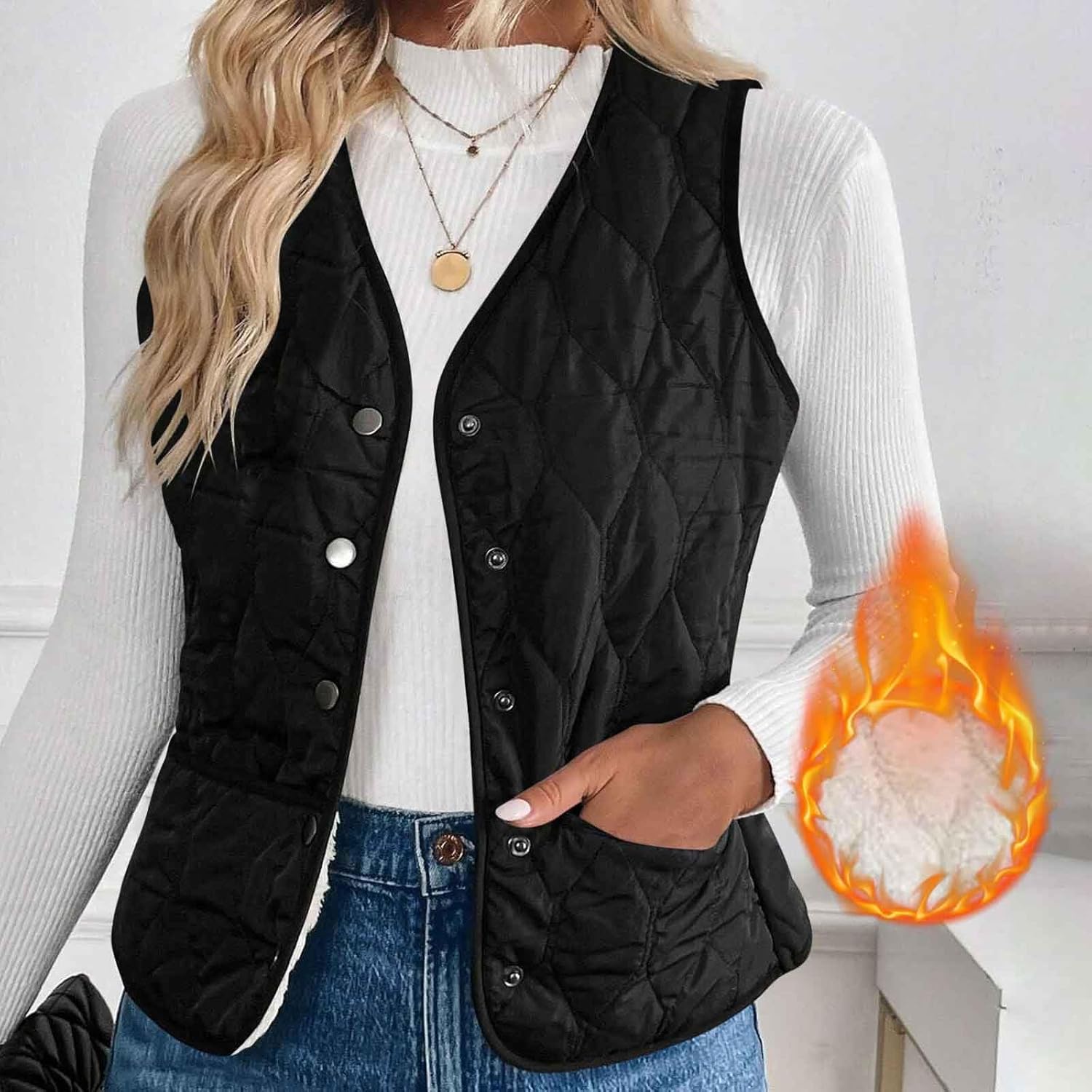 Quilted Vest Women Sleeveless Winter Warm Fleece Lined Sherpa Vest Lightweight Puffer Jacket With Pockets Fall Coats - Image 3