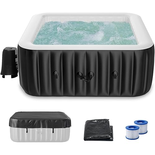 LILYPELLE 4-6 Person Inflatable Hot Tub, Portable Large Square Hot Tub with 130 Bubble Jets, Outdoor Spa Set Included Heater Pump, Filter and Spa Cover, 73" X 73" X 25"