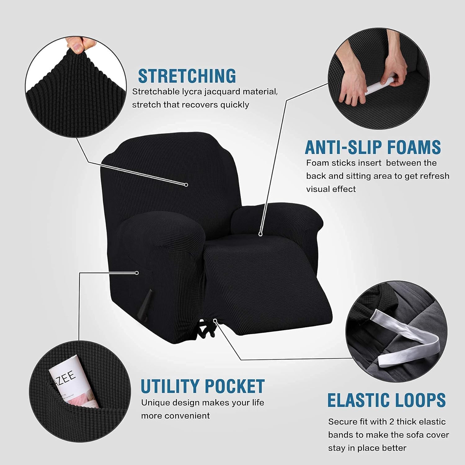 H.VERSAILTEX 1 Piece Recliner Slipcovers Bundles Round Ottoman Slipcover(Medium, Black)
