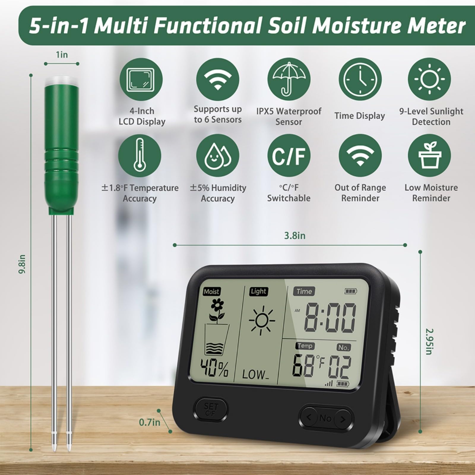 Hygromètre de sol sans fil, thermomètre numérique 4 en 1 avec mesure de la température, de la lumière et du temps, étanche IPX5