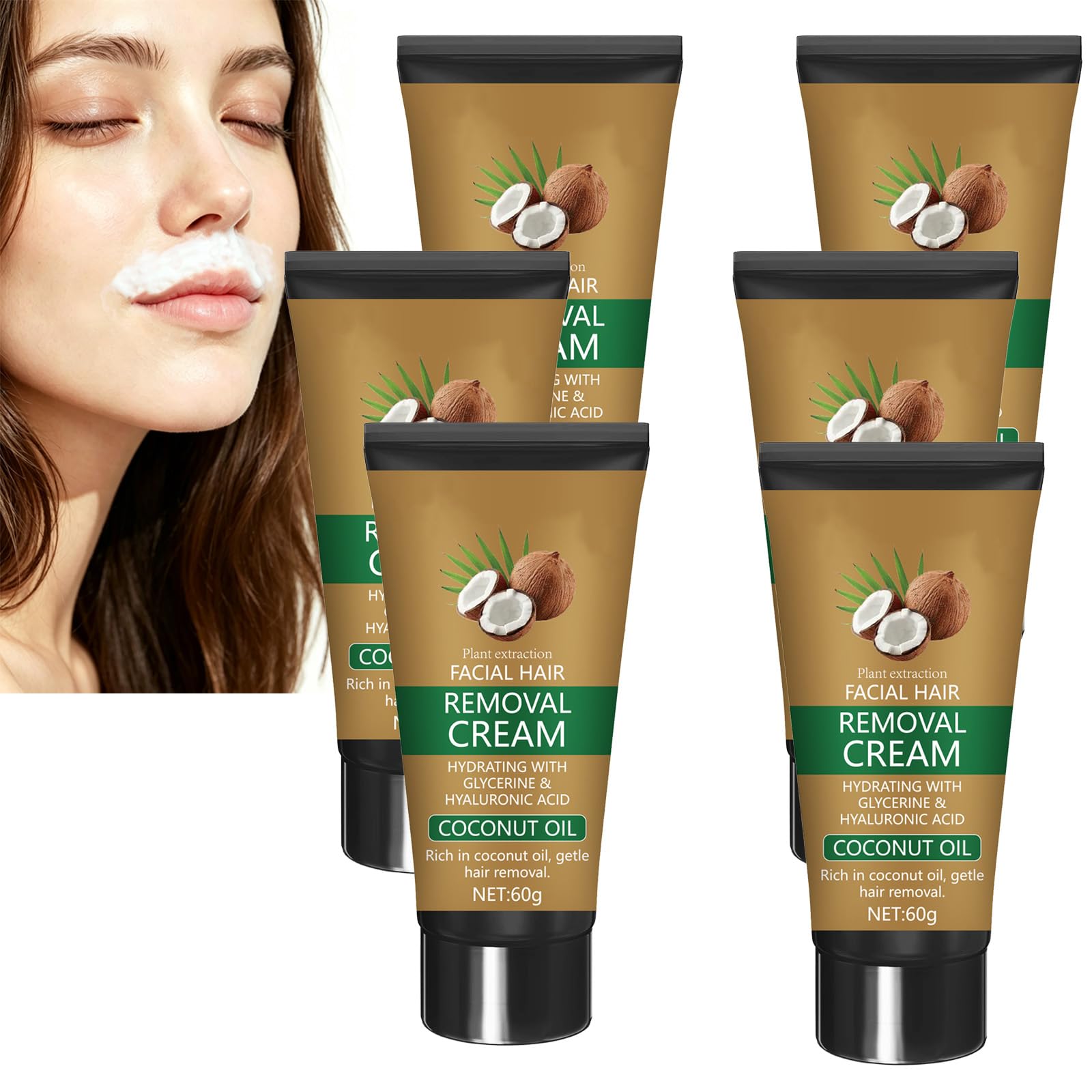 Crema depilatoria per il viso all'olio di cocco, crema depilatoria per il viso, depilatorio non irritante con estratti vegetali, crema lisciante per corpo e viso, ideale per pelli sensibili. (6pcs)