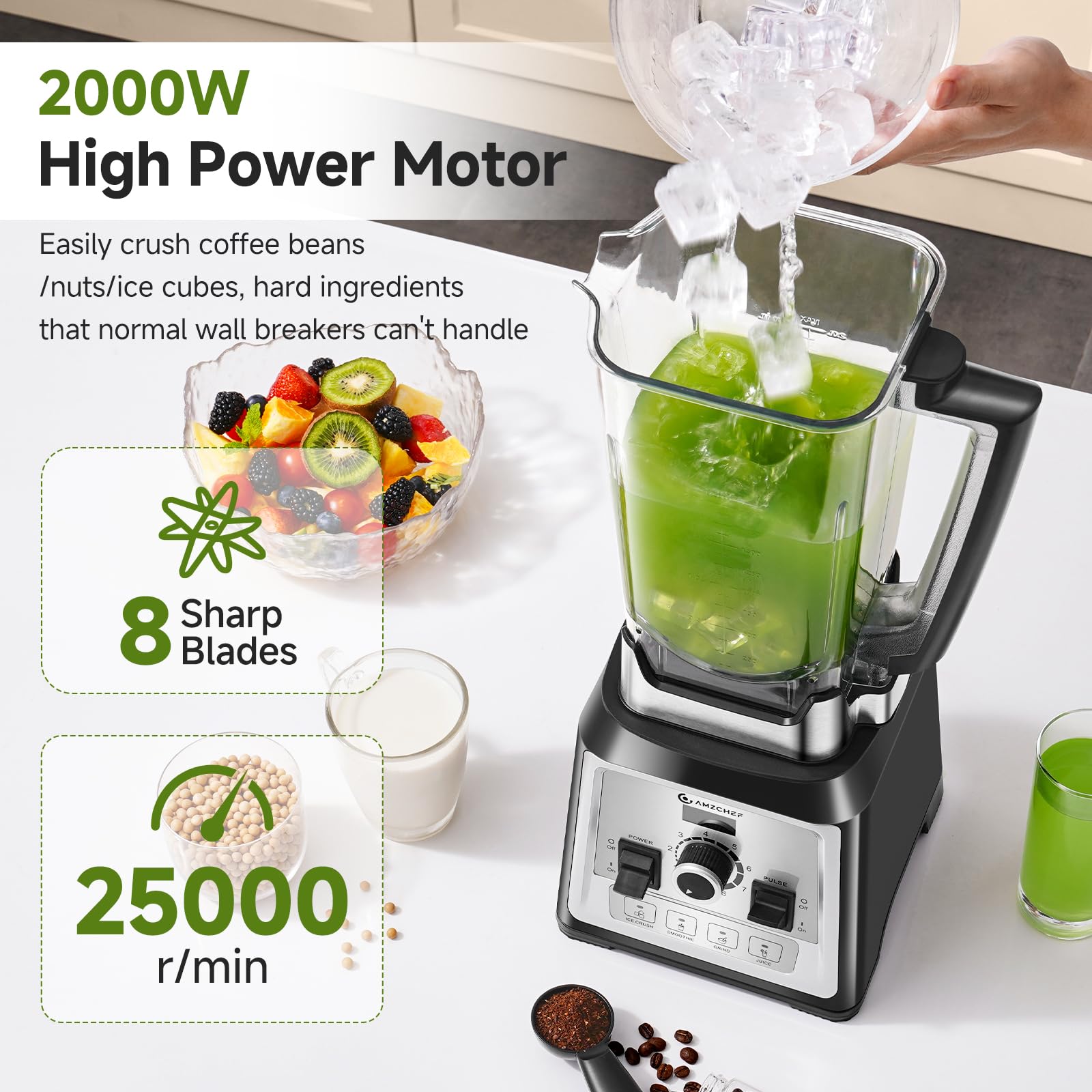 AMZCHEF Standmixer 2000 Watt | 2L Mixer Hochleistungsmixer | Blender mit 8 Einstellbaren Geschwindigkeiten und 4 Vorprogramme für Crushed Ice, Smoothie Maker, Grind Mixer | BPA-Freiem