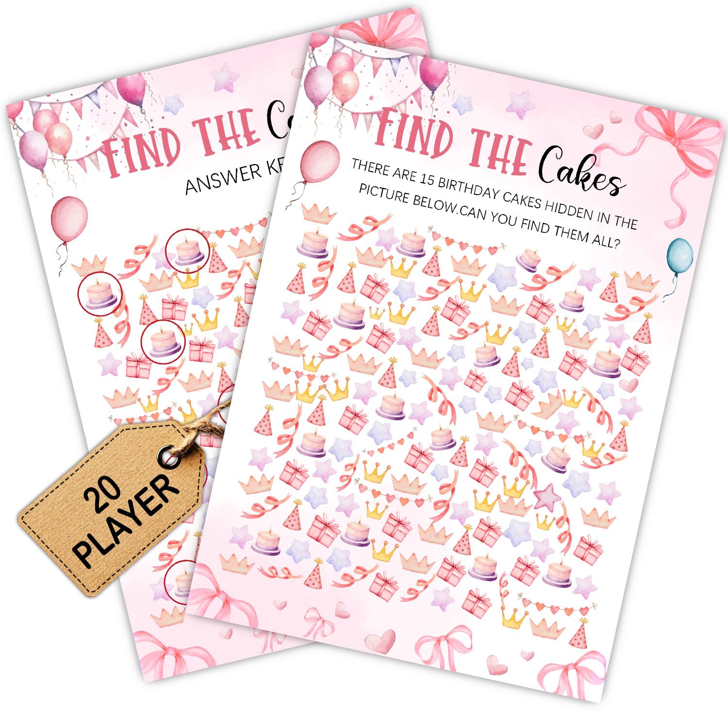Coquette Pink Bow Themed Sleepover Slumber Party Supplies- Pink Slumber Party Games Card - Sleepover Stuff- Birthday Night Games Creative Idea -Find The Cakes- 20 Game Cards and 2 Answer Key