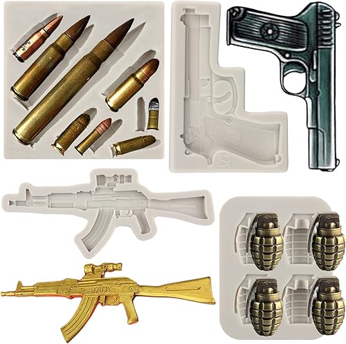 Sijiangmold Moldes de silicona para pistola, ametralladora, fondant, moldes de silicona para cupcakes, decoración de pasteles, chocolate, caramelo,